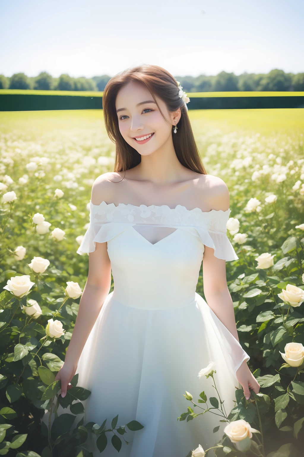 Best quality, masterpiece, ultra high res, (photorealistic:1.4), raw photo, 1girl, white dress, off shoulder, blossom blue roses flower field, glowing skin, light smile