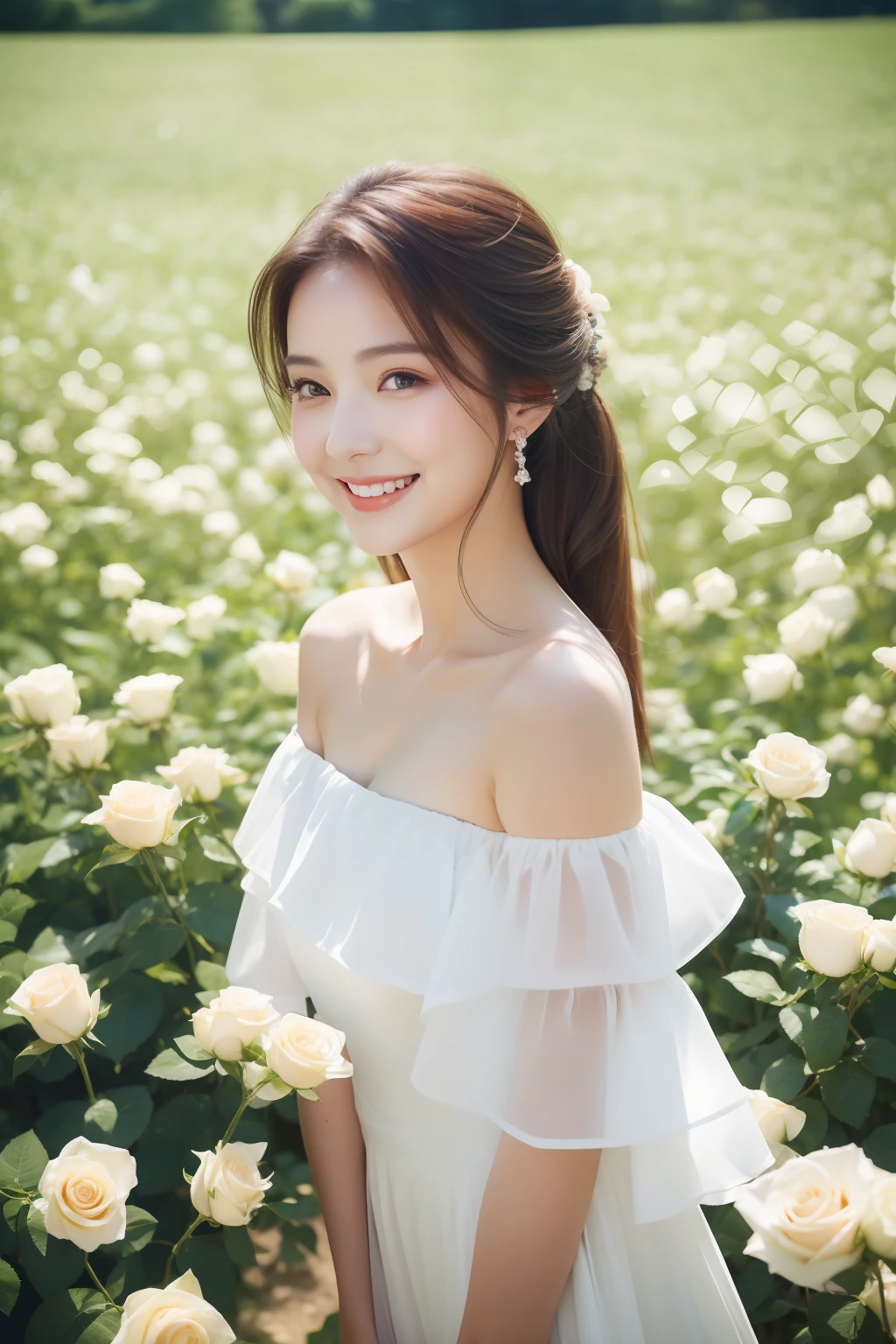 Best quality, masterpiece, ultra high res, (photorealistic:1.4), raw photo, 1girl, white dress, off shoulder, blossom blue roses flower field, glowing skin, light smile