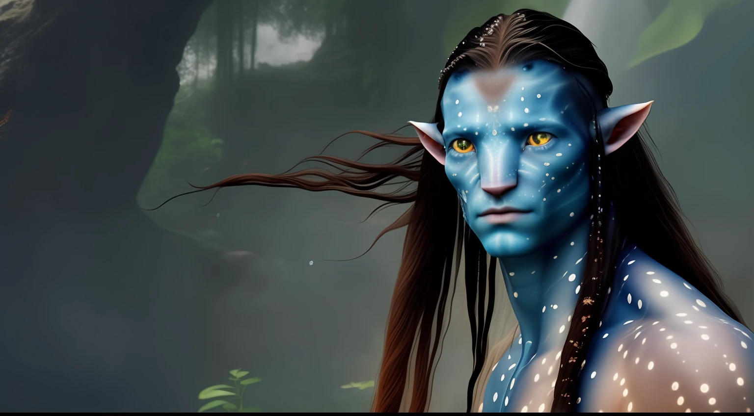 An avatar man, with long hair, has four powers of water, fire, earth and air, a kind face, a warrior.