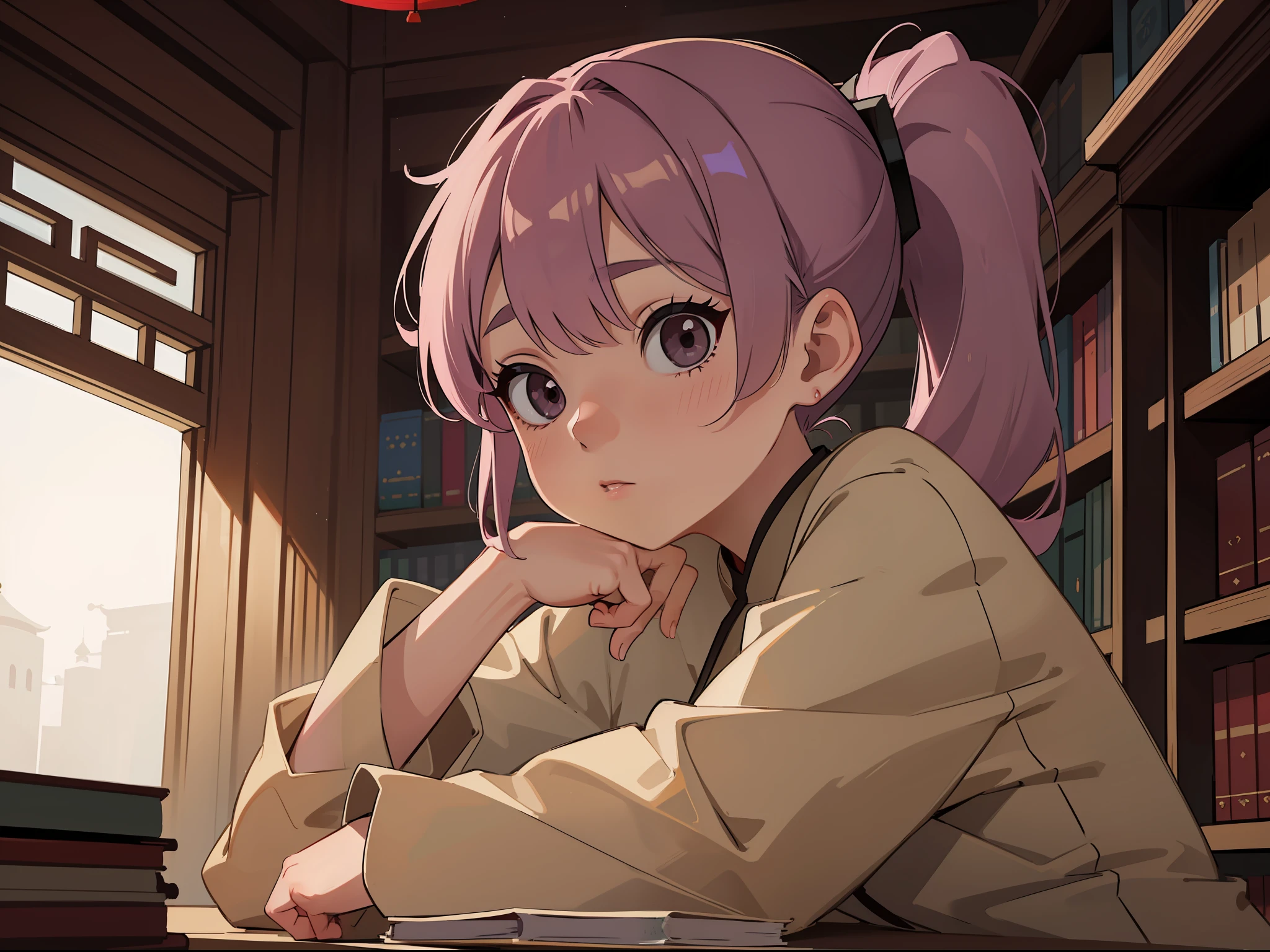 1girl, solo, high-res, closeup headshot, POV, lilac hair in a ponytail, wearing a beige Chinese tang suit with burgundy accents, detailed black eyes, set in a Middle Eastern library, eyes looking at viewer, thinking