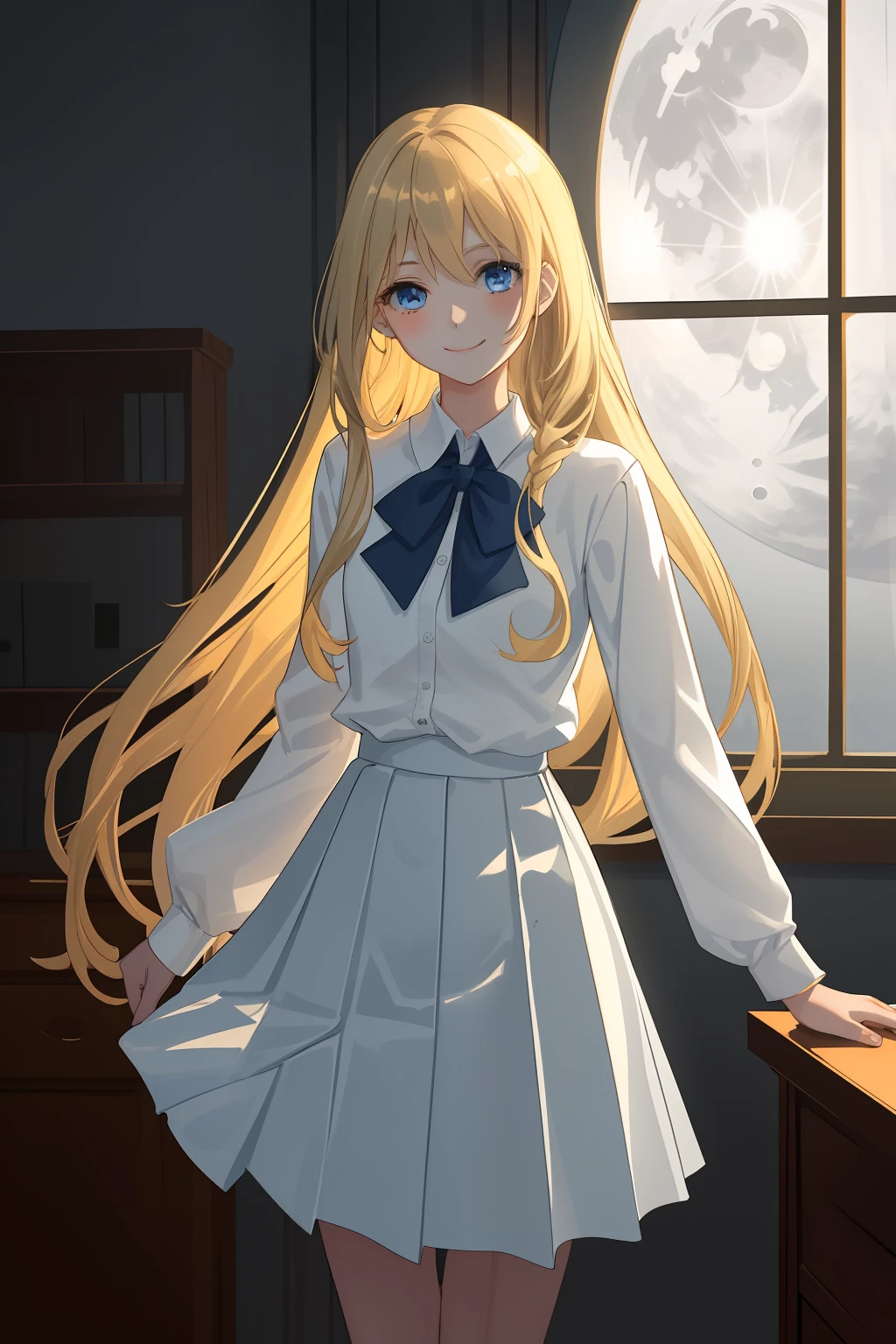 A girl of fragile physique, Average height. The girl has long blonde hair and blue eyes. beatiful face, cuteface. Cheerful face, ssmile. Detail Eyes. The girl is dressed in a white office shirt, Long pleated skirt and light cardigan. A girl stands in a dark wooden office with dim lighting from the moon, which shines through the window. moonlight lighting. Detailed background, detailed clothes.