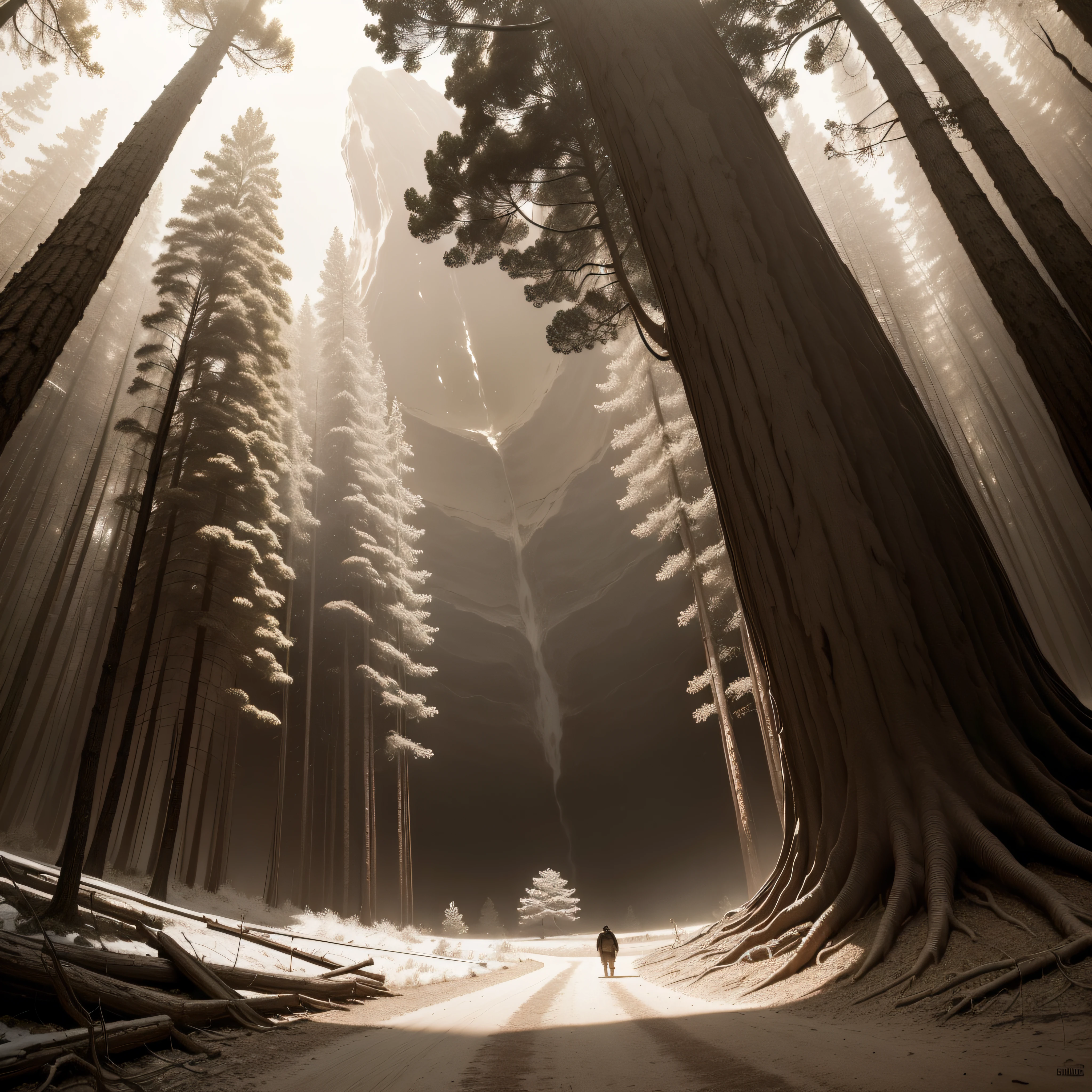 (extremadamente detallado, obra maestra, La mejor calidad, Tono sepia), un gigante con un hacha camina por un bosque. meteorito en el suelo, agujero profundo, Giant crater. burned trees. Oggre hidden among the trees. Daytime Lighting.