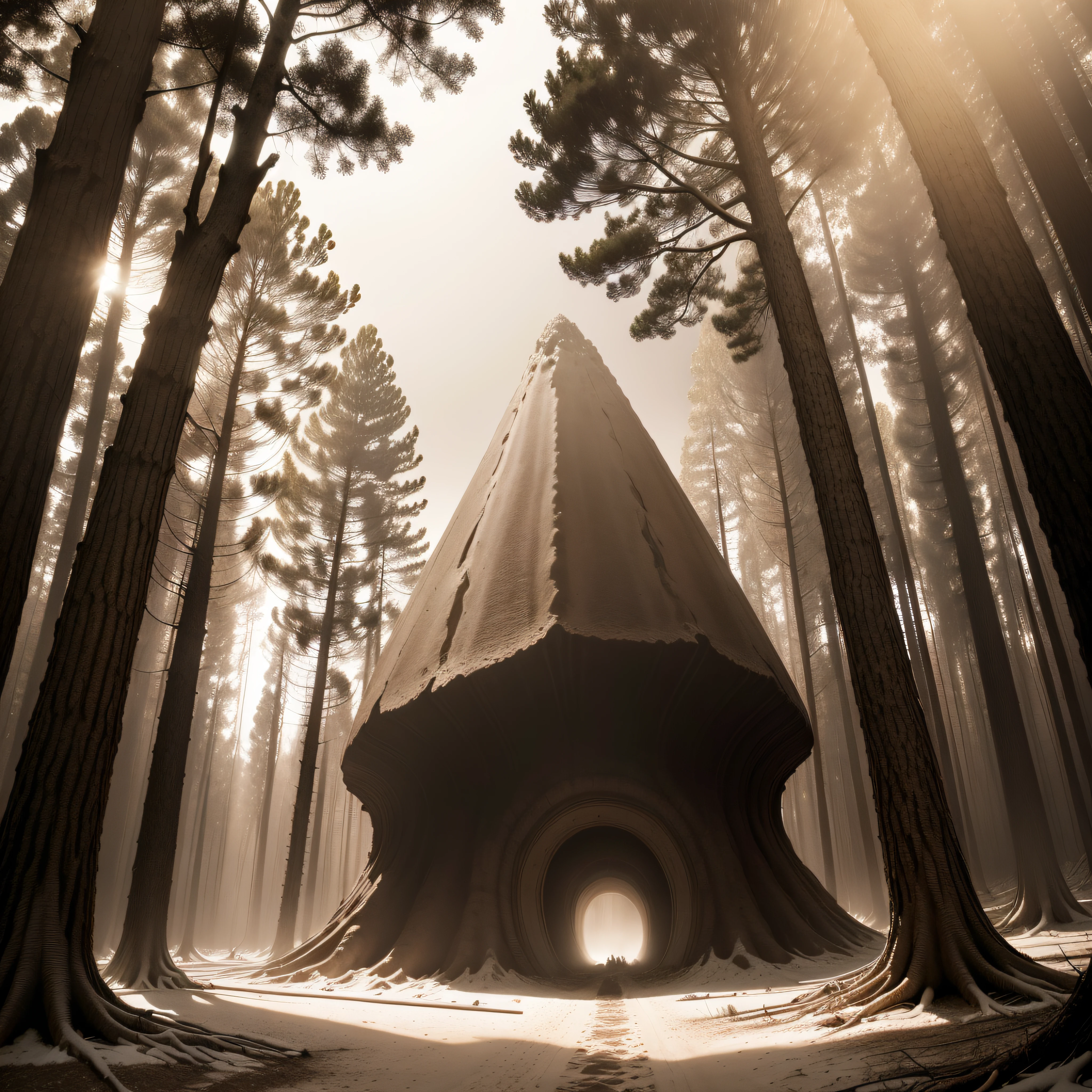 (extremadamente detallado, obra maestra, La mejor calidad, Tono sepia), un gigante con un hacha camina por un bosque. meteorito en el suelo, agujero profundo, Giant crater. burned trees. Oggre hidden among the trees. Daytime Lighting.