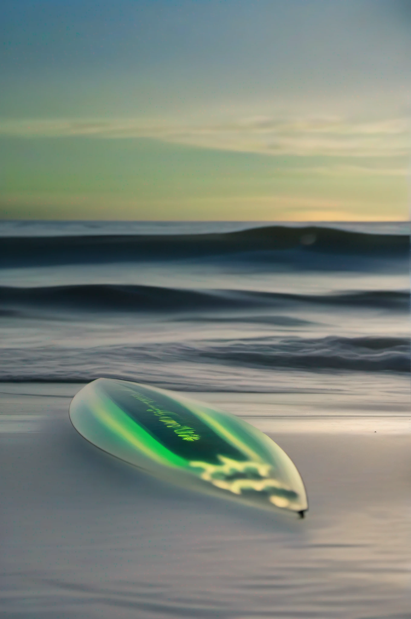 "Bioluminescent Serenity" - Sally Mann, Edward Weston, cinematic photo, beach, wetsuit, neon material, bioluminescent algae, surfboard, holographic waves, 35mm photograph, bokeh, professional, 4k, highly detailed, luminous, tranquil, intimate, enchanting, natural beauty, poetic.
