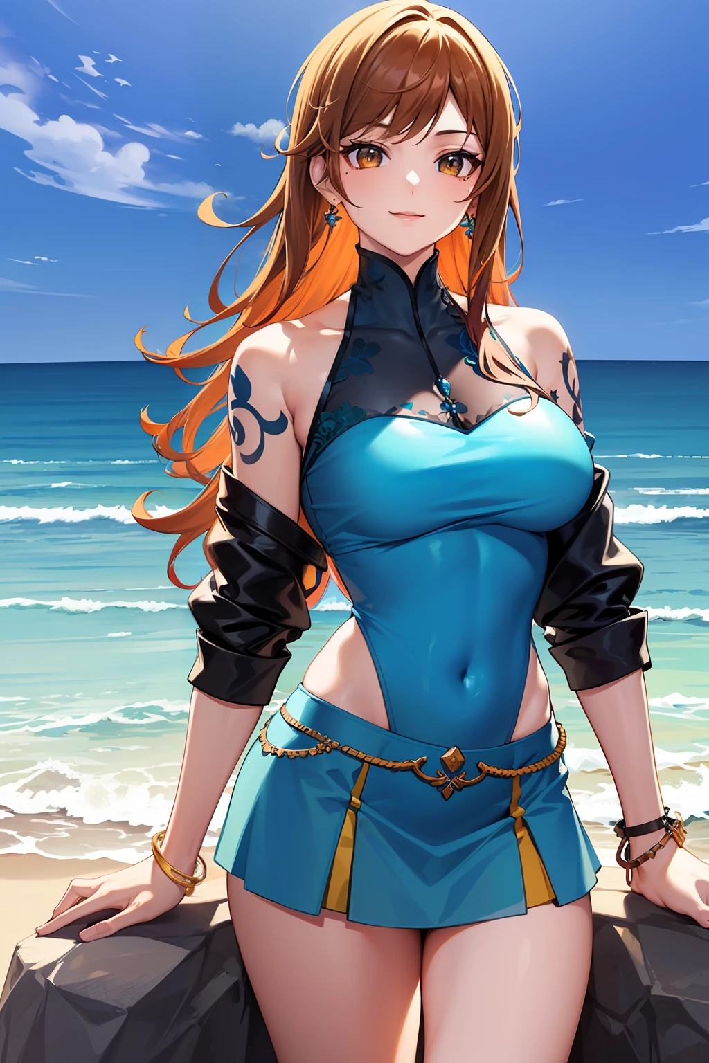 masterpiece, ((ultra detailed background, delicate pattern, intricate detail)), (highly detailed, fine details), best quality, beautiful lighting, ((medium breasts, slim girl)), NamiFinal, ((Skirt,top)), simple shirt, 1girl, orange hair, solo, long hair, jewelry, brown eyes, smile, earrings, ((blue tattoo, left shoulder tattoo, hyperdetailed tattoo)), (complex detailed background, barren land, rocks, ocean, oustide, nature environment), (cowboy shot),