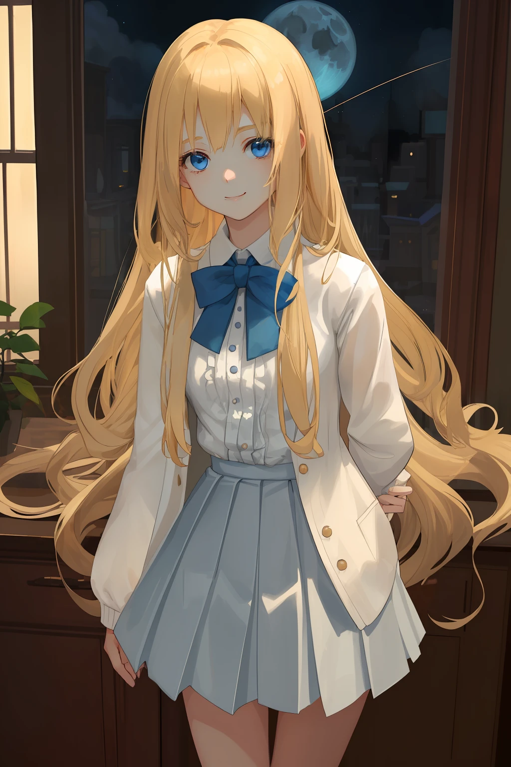 A girl of fragile physique, Average height. The girl has long blonde hair and blue eyes. beatiful face, cuteface. Cheerful face, ssmile. Detail Eyes. The girl is dressed in a white office shirt, long pleated skirt and light brown cardigan. A girl stands in a dark wooden office with dim lighting from the moon, which shines through the window. moonlight lighting. Detailed background, detailed clothes. handsome body