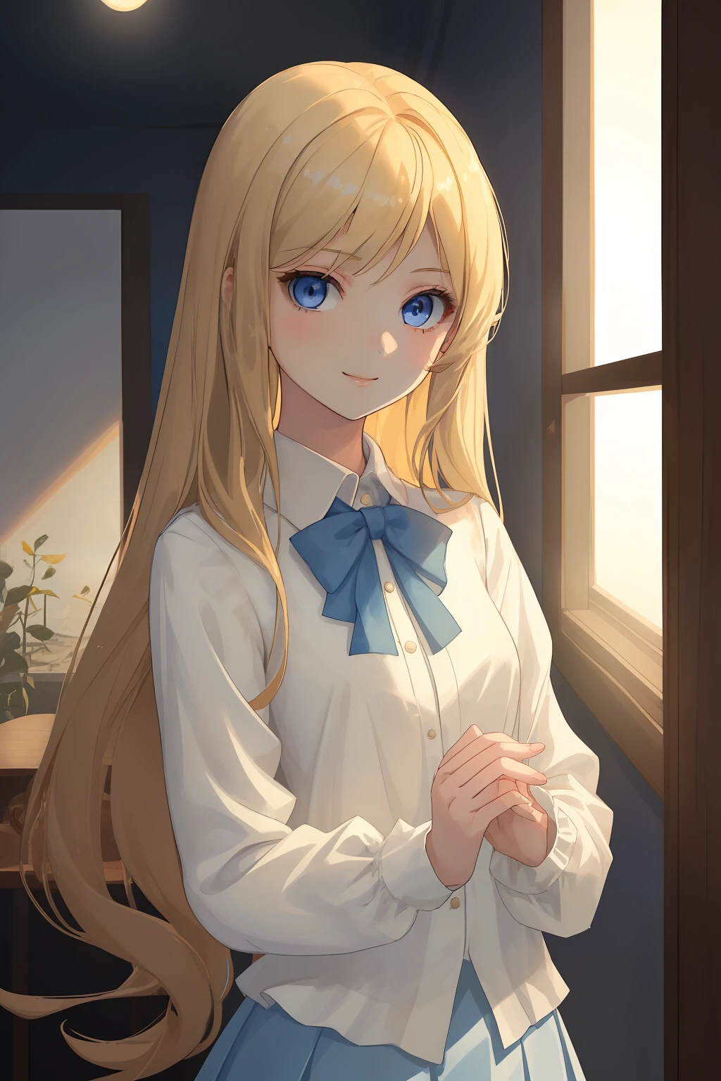 A girl of fragile physique, Average height. The girl has long blonde hair and blue eyes. beatiful face, cuteface. Cheerful face, ssmile. Detail Eyes. The girl is dressed in a white office shirt, long pleated skirt and light brown cardigan. A girl stands in a dark wooden office with dim lighting from the moon, which shines through the window. moonlight lighting. Detailed background, detailed clothes. handsome body
