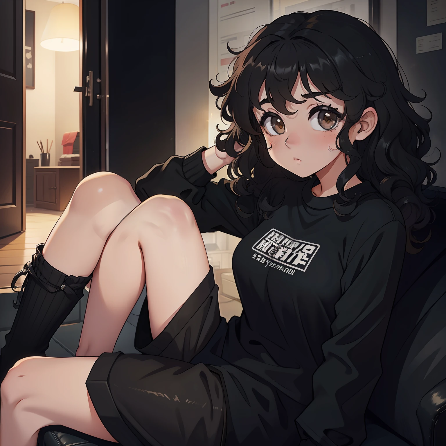 teenage girl, medium hair, curly hair, black clothes