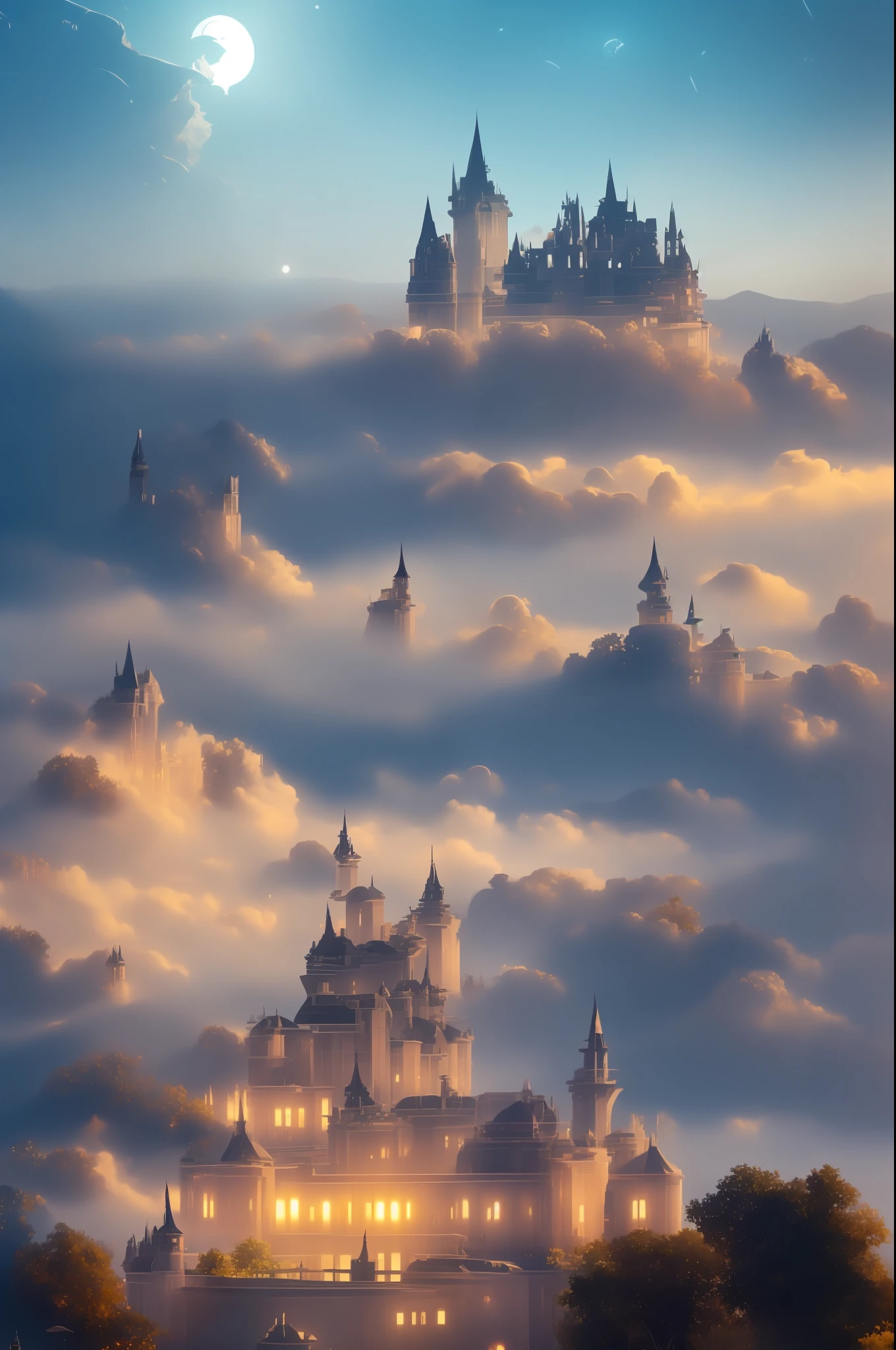 View of a Futuristic Castle, it's on a hill surrounded by clouds. Many slightly illuminated windows are scattered thinly across the walls in an asymmetric pattern. The castle is surrounded by a garden barely seen through the fog. Clouds and fog on the base of the castle, the castle looks like floating on the air. Illuminated by the moonlight. Starry night with nebulae as background. Surrealist concept, Realistic ray traicing.