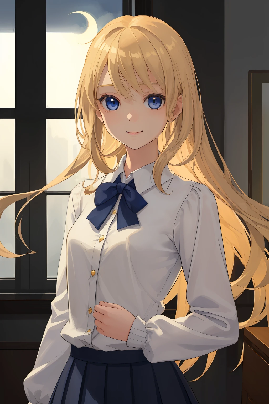 A girl of fragile physique, Regular. The girl has long blonde hair and blue eyes. beatiful face, cuteface. Cheerful face, canny smile. Detail Eyes. The girl is dressed in a white office shirt, long pleated skirt and light brown cardigan. A girl stands in a dark wooden office with dim lighting from the moon, which shines through the window. moonlight lighting. Detailed background, detailed clothes. handsome body