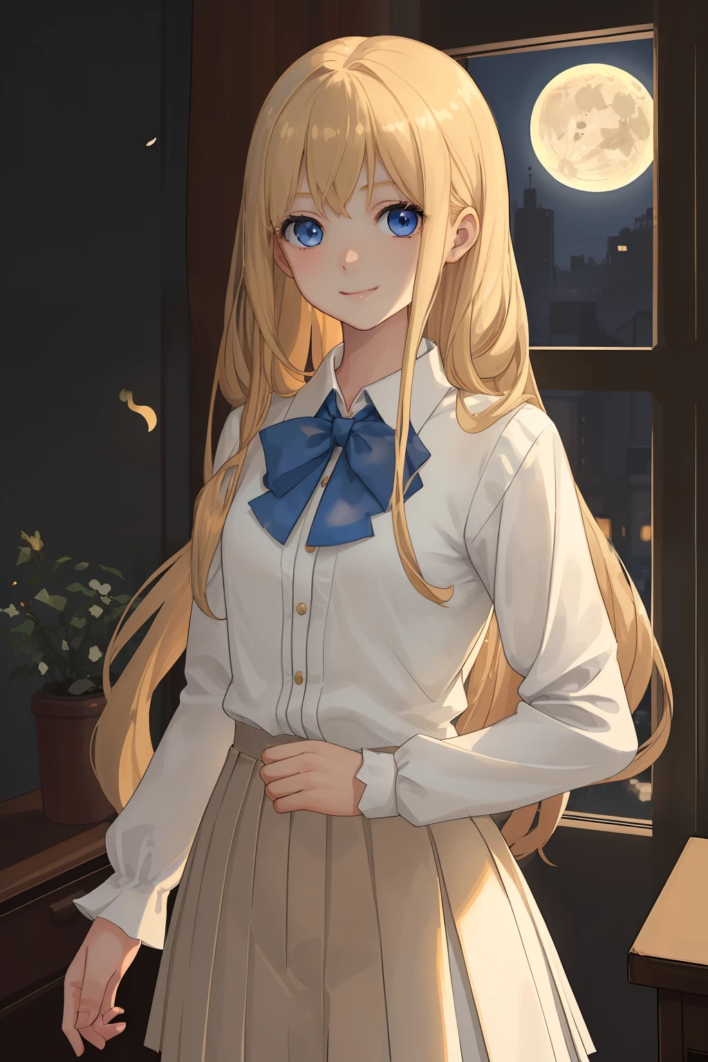 A girl of fragile physique, Regular. The girl has long blonde hair and blue eyes. beatiful face, cuteface. Cheerful face, canny smile. Detail Eyes. The girl is dressed in a white office shirt, long pleated skirt and light brown cardigan. A girl stands in a dark wooden office with dim lighting from the moon, which shines through the window. moonlight lighting. Detailed background, detailed clothes. handsome body