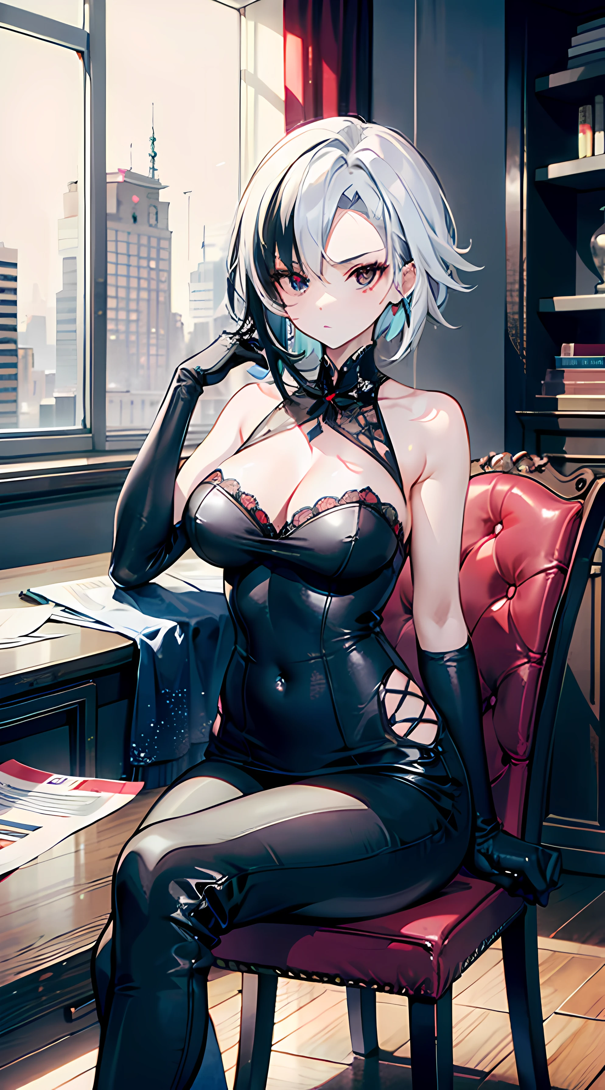 (masterpiece, best quality), 1girl, mature woman, tall woman, white hair, short hair, black gloves, formal outfit, pants, sit on chair, crossed legs, 2 legs, red eyes, serious look, looking at papers, paper in hand, cabinet room, bookshell, lamp, steampunk, coat in chair back, good quality, arlecchino \(genshin impact\), x-shaped pupils, multicolored hair, black strand of hair, elbow on table, high res, ultrasharp, 8k, city, snow outside of window,