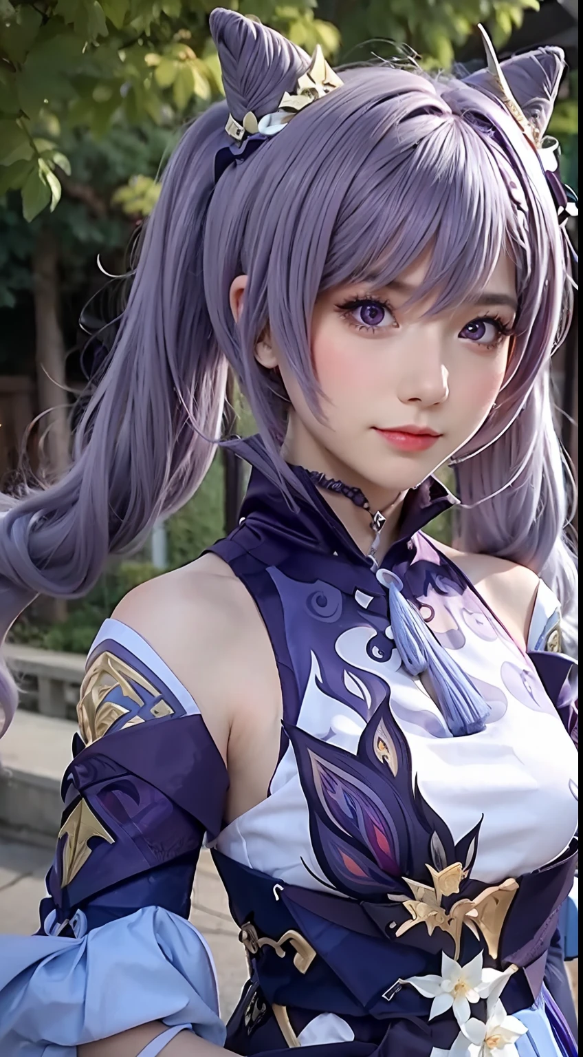 Masterpiece, Best Quality, Detail, Depth of field, ultra-realistic, realistic face and eyes, realistic skin texture, Cinematic lighting, eyes, To see your audience. 1 girl, 独奏, (frown, closed mouth), keqing_\(genshin_stroke\), Purple_eyes, purple hair, Double Ponytail, sharp eyes, serious face, gloves, black stockings, En plein air, purple lightning, Fileg, lightning glowing sword, purple lightning, upper-body, cute makeup, beatiful face, European appearance