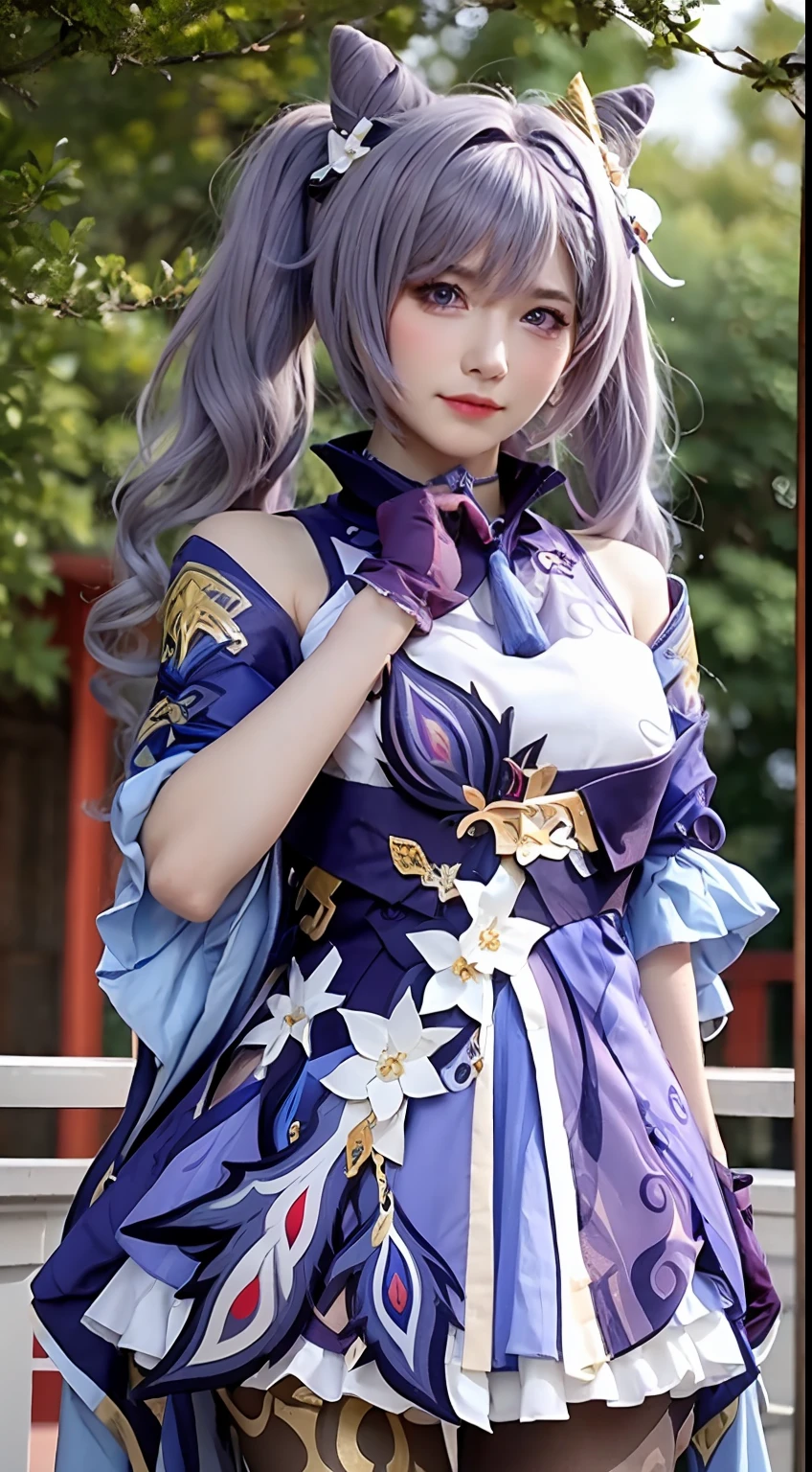 Masterpiece, Best Quality, Detail, Depth of field, ultra-realistic, realistic face and eyes, realistic skin texture, Cinematic lighting, eyes, To see your audience. 1 girl, 独奏, (frown, closed mouth), keqing_\(genshin_stroke\), Purple_eyes, purple hair, Double Ponytail, sharp eyes, serious face, gloves, black stockings, En plein air, purple lightning, Fileg, lightning glowing sword, purple lightning, upper-body, cute makeup, beatiful face, European appearance