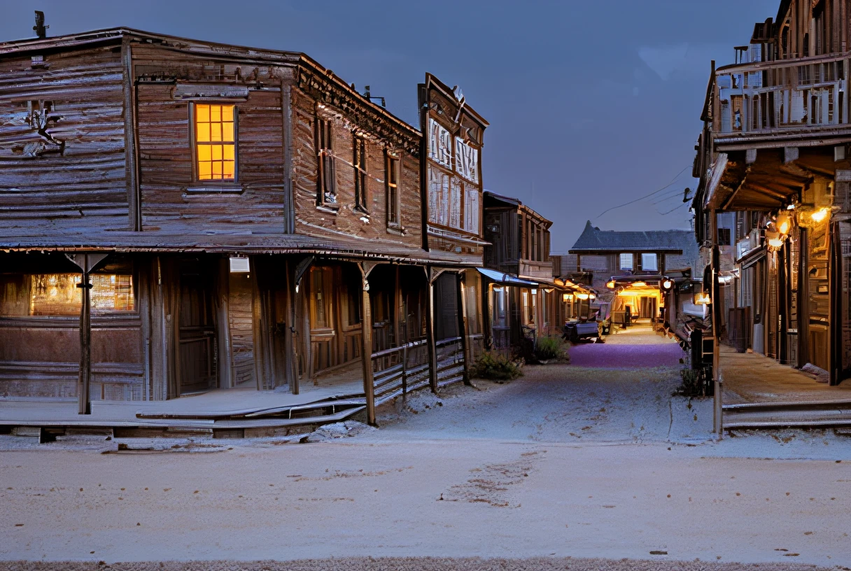 There is a photo of a city street with old buildings, Western City, Old Town of the West, Dans une ville du Far West, Oldwest, Vieux Ouest, Cadre du Far West, Dans le vieil Ouest, Misty ghost town, realistic photo of a town, Contexte occidental, outside a saloon, Contexte du Far West, ghost town, Western Saloon theme, red dead redemption 2