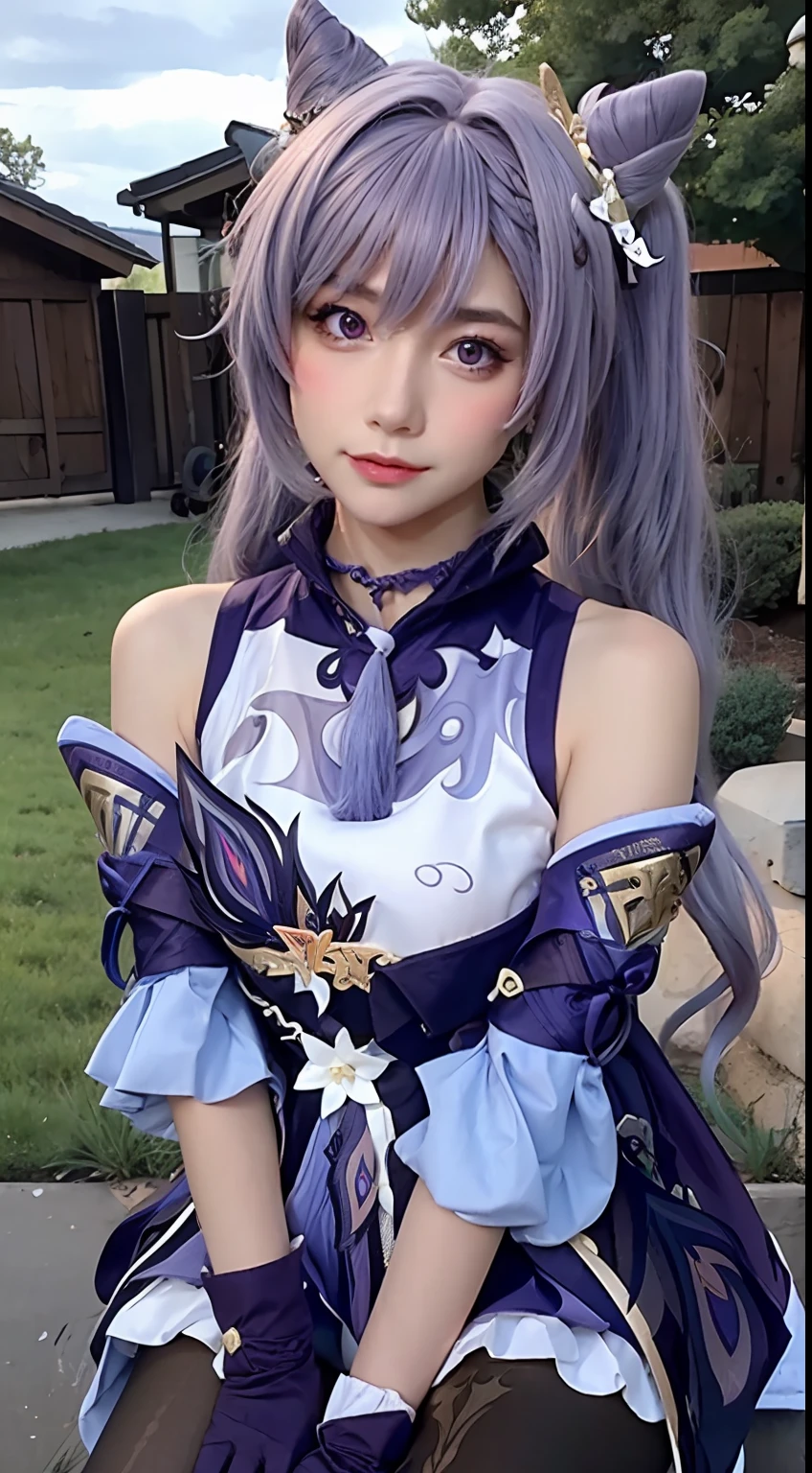 Masterpiece, Best Quality, Detail, Depth of field, ultra-realistic, realistic face and eyes, realistic skin texture, Cinematic lighting, eyes, To see your audience. 1 girl, 独奏, (frown, closed mouth), keqing_\(genshin_stroke\), Purple_eyes, purple hair, Double Ponytail, sharp eyes, serious face, gloves, black stockings, En plein air, purple lightning, Fileg, lightning glowing sword, purple lightning, upper-body, cute makeup, beatiful face, European appearance