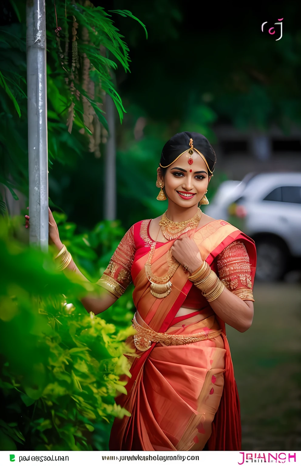 a woman in a red and yellow sari poses for a picture, traditional beauty, traditional, traditional female hairstyles, very beautiful enga style, traditional makeup, with lovely look, indian, indian style, dressed in a sari, wearing sari, adorned with precious stones, colorful with red hues, wearing a sari, gorgeous woman, dramatic smile pose intricate, traditional art, wearing elegant jewellery