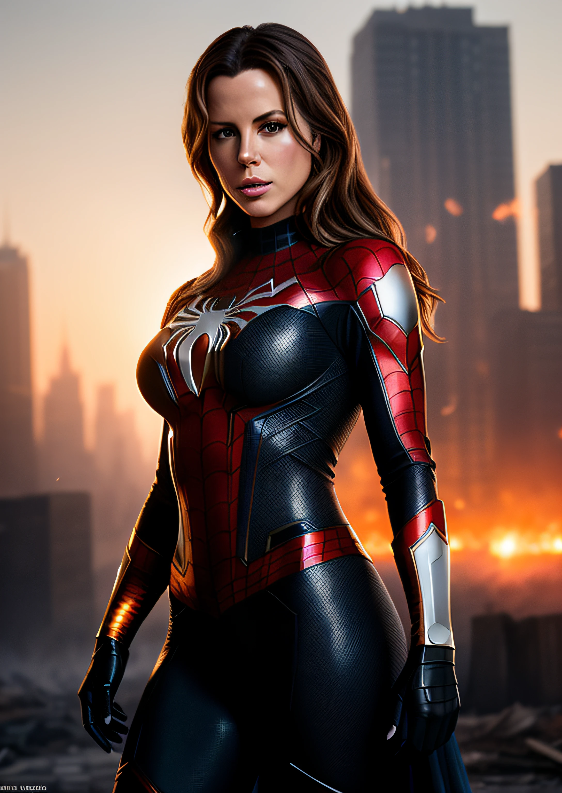 Kate Beckinsale in detailed Spider-Man ghost costume, large breasts, superhero pose, standing in ruined city at sunset, hyperdetailed, smoke, sparks, sunbeams, (8k), realistic, symmetrical, award-winning, cinematic lightning, soaked, film, 75mm, scratches, full body shot, close-up, torn and dirty clothes, detailed face,