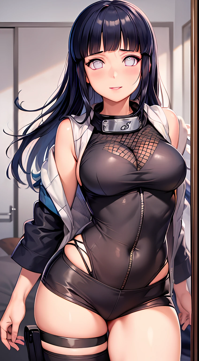 Masterpiece, highres, high Quality, detailed face, detailed body render, 1girl, solo, hyuuga hinata, hinata-sleeveless-outfit, medium breasts, , sleeveless shirt, fishnet top, dark lips, jacket, standing, blushes, (on bedroom)
