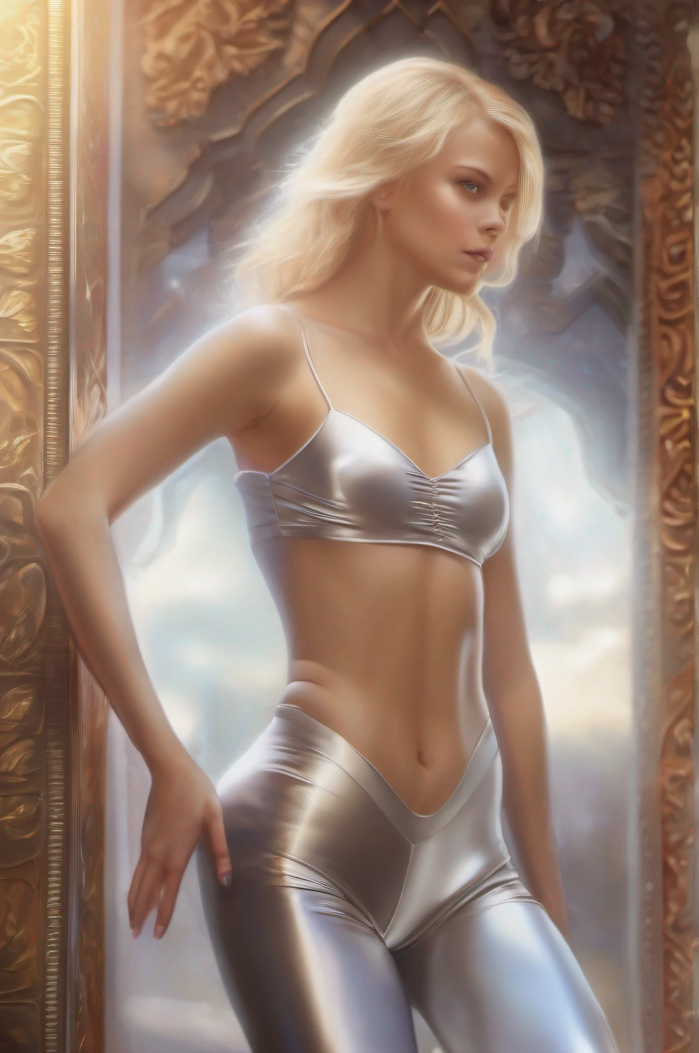 fotorealistisch, blonde, shiny leotard, small breast