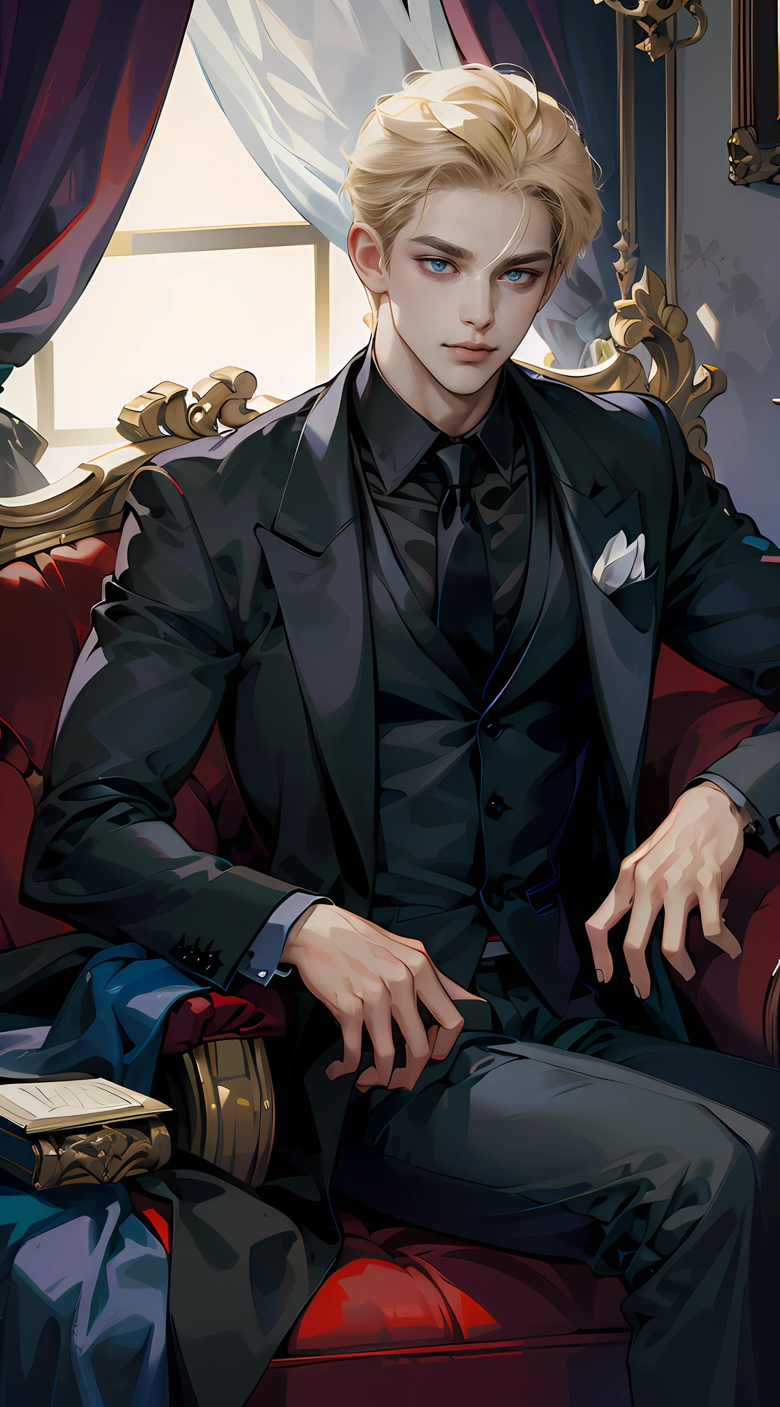 (tmasterpiece, high resolution, ultra - detailed:1.0), (1boy, Young male), Perfect male body, Eyes look at the camera, Delicate eyes and delicate face, Extremely detailed CG, Unity 8k wallpaper, Complicated details, solo person, Detailed face, (Short blond hair, forehead exposed, black suit, black shirt, Sitting on the sofa in a luxurious room), (Half-closed eyes, evil smile:1.2), Male model,No light room, (mafia theme:1.3), color difference, Depth of field, dramatic shadow, Ray tracing, Best quality, offcial art, Portrait,Dark wallpaper,