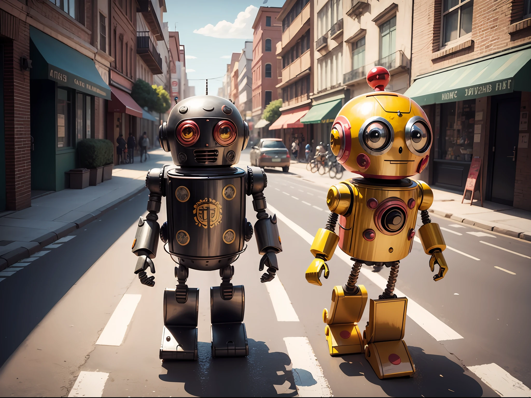 highly detailed funny cartoon tin toy robot ,walk in street, childish illustration 3D style