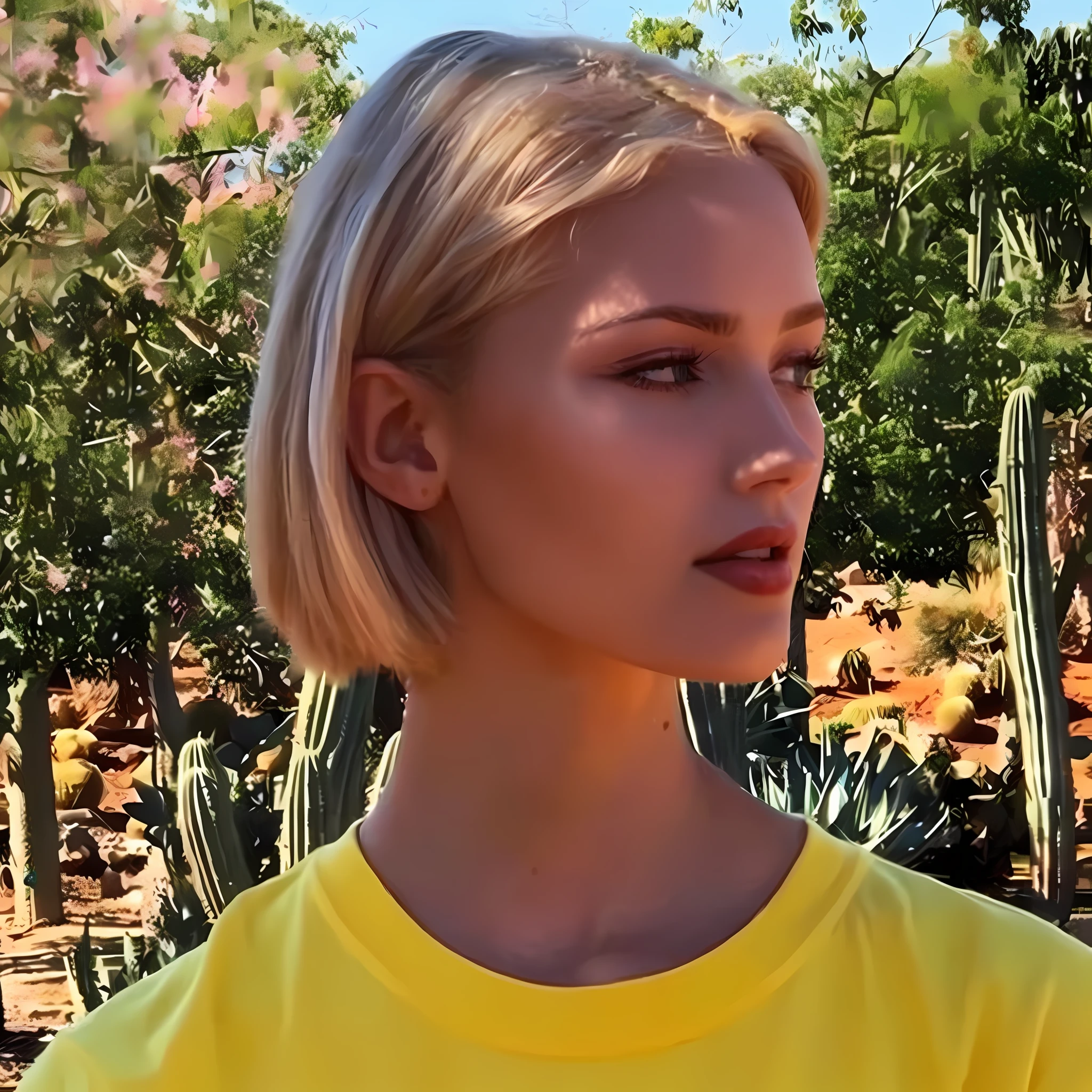 Blonde woman in red shirt standing in front of cactus garden, corte de cabelo loiro bob, cabelos curtos loiros, cabelos loiros curtos, cabelos loiros curtos, medium yellow blond hair, cabelos na altura do queixo, Corte do Bob, Yelena Belova, com um corte bob, Karolina Cummings, Eva Elfie, cabelo curto bob, Average blonde, uma com cabelo loiro, Corte de cabelo Chrome Bob