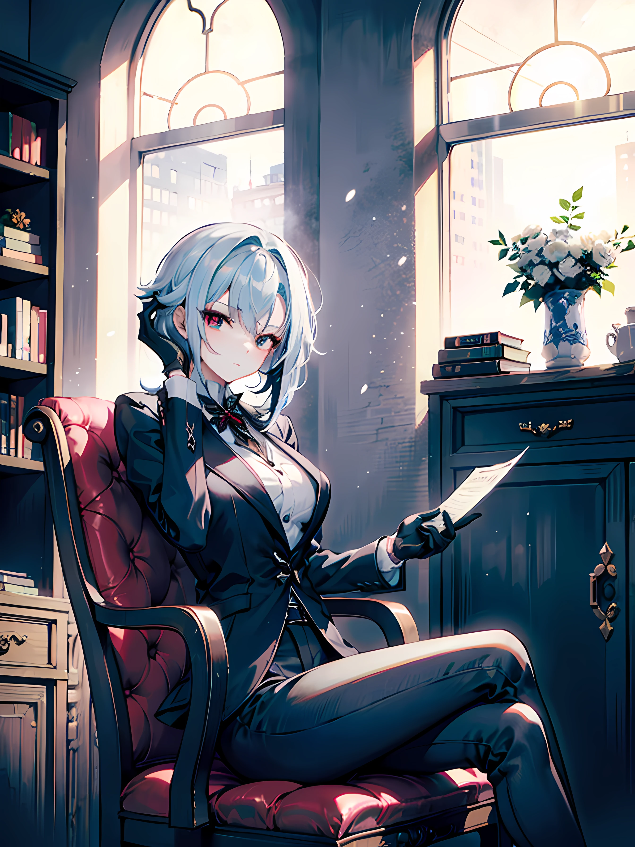 (masterpiece, best quality), 1girl, mature woman, tall woman, white hair, short hair, black gloves, formal outfit, pants, sit on chair, crossed legs, 2 legs, red eyes, serious look, looking at papers, paper in hand, cabinet room, bookshell, lamp, steampunk, coat in chair back, good quality, arlecchino \(genshin impact\), x-shaped pupils, multicolored hair, black strand of hair, elbow on table, 4k, city, snow outside of window,