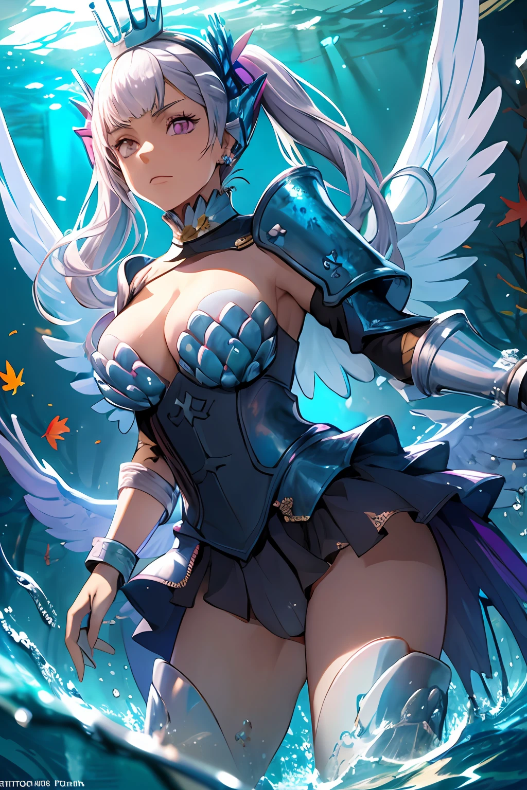 noelle_silva,long hair ,twintails, bangs, earring,silver hair,purple eyes,((water_armor)),(wings),crown, valkyrie, armored dress, angel, tree, sunset,autumn,autumn leaves,((under water:1.3)), night, moon, (dancing:1.2), volumetric lighting, best quality, masterpiece, intricate details, tonemapping, sharp focus, hyper detailed, trending on Artstation,