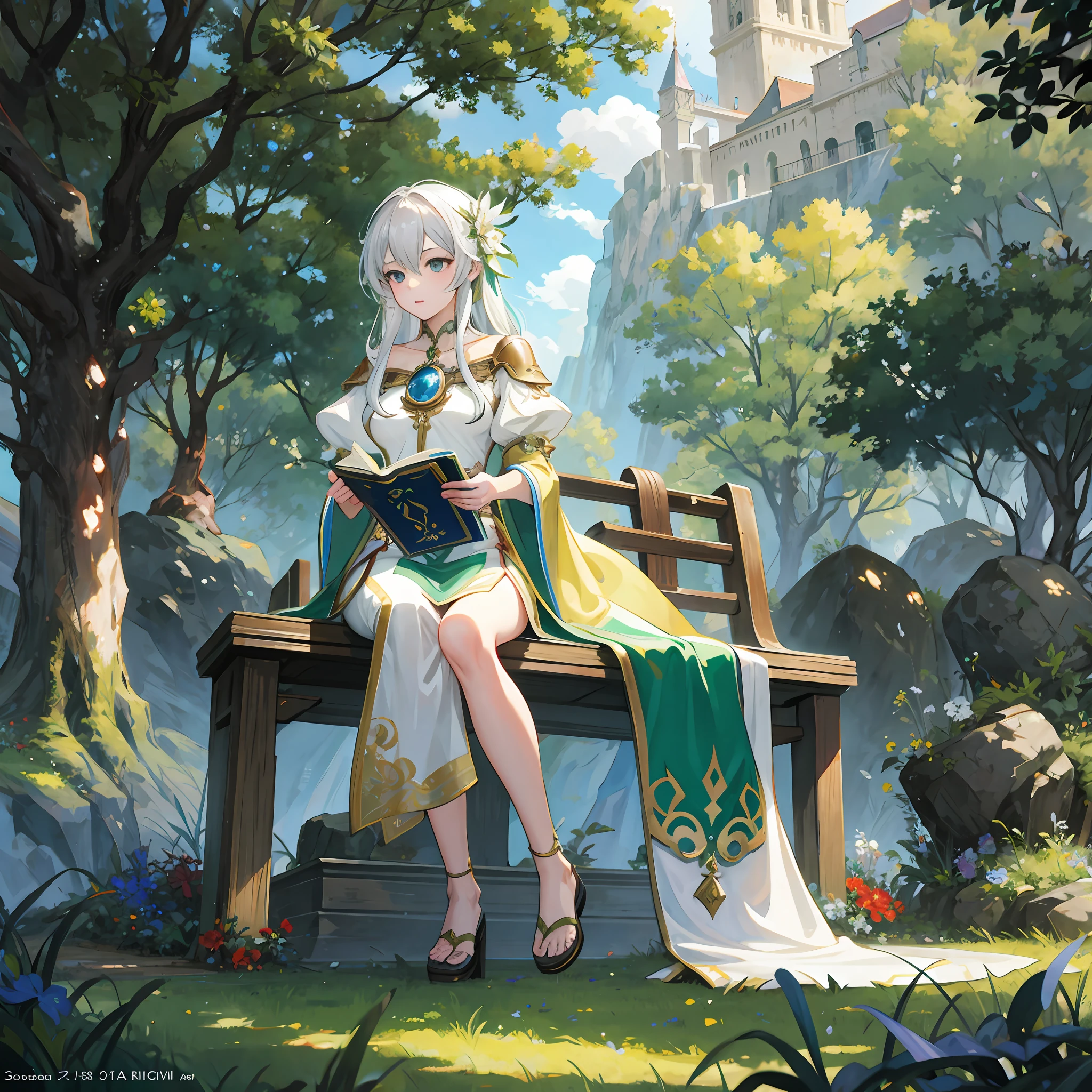 (masterpiece, top quality, best quality), 1girl,1female,1solo, full body, 1female long silver white hair sitting on a bench in a garden holding a magic book, cushart krenz key art feminine, alchemist girl, isekai, wlop and sakimichan, 2. 5 d cgi anime fantasy artwork, r /art, r / art, r/art, roleplaying game art, light green robes with (golden ornaments), genshin, rpg maker
