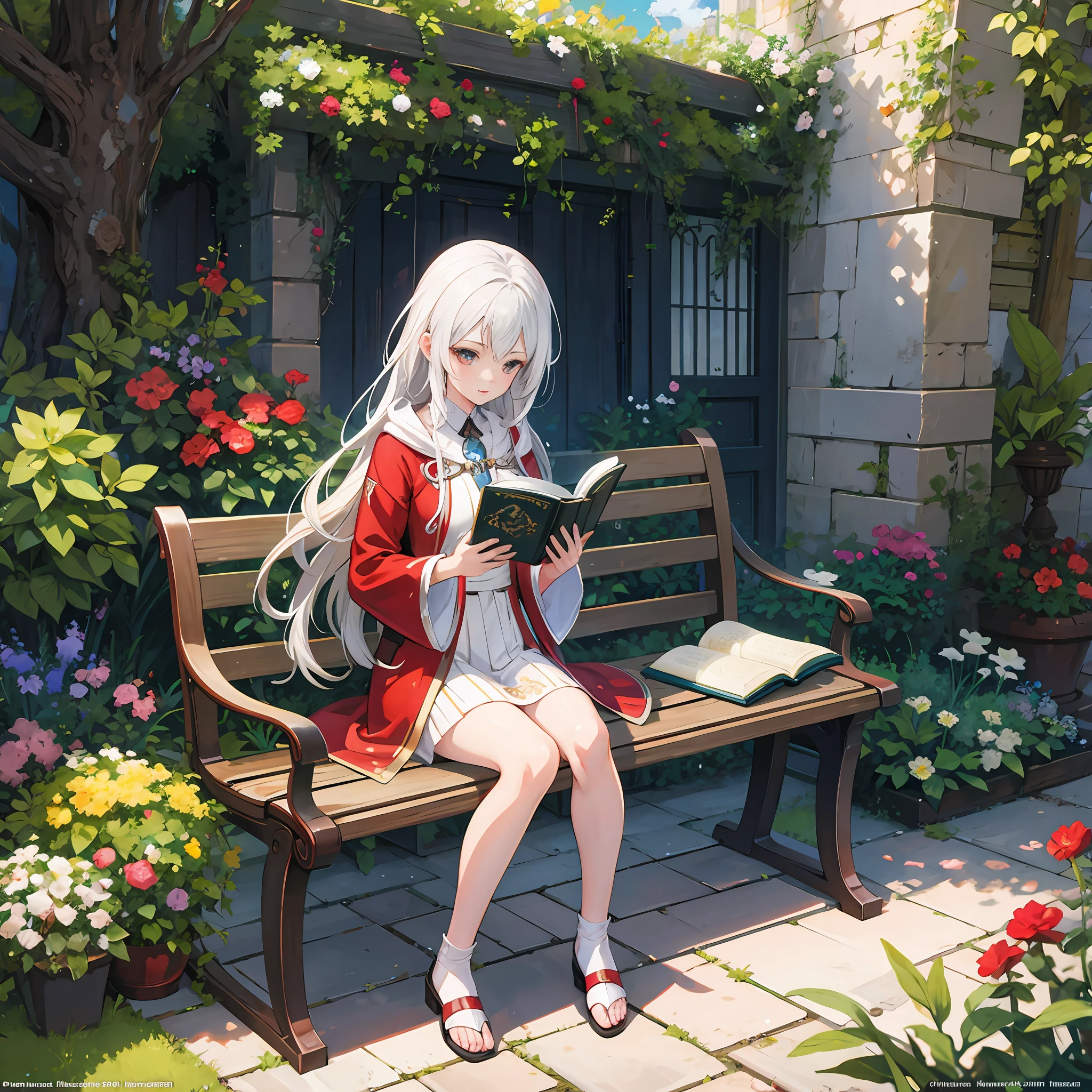 (masterpiece, top quality, best quality), 1girl,1female,1solo, full body, 1female long silver white hair sitting on a bench in a garden holding a magic book, cushart krenz key art feminine, alchemist girl, isekai, wlop and sakimichan, 2. 5 d cgi anime fantasy artwork, r /art, r / art, r/art, roleplaying game art, light red robes, genshin, rpg maker