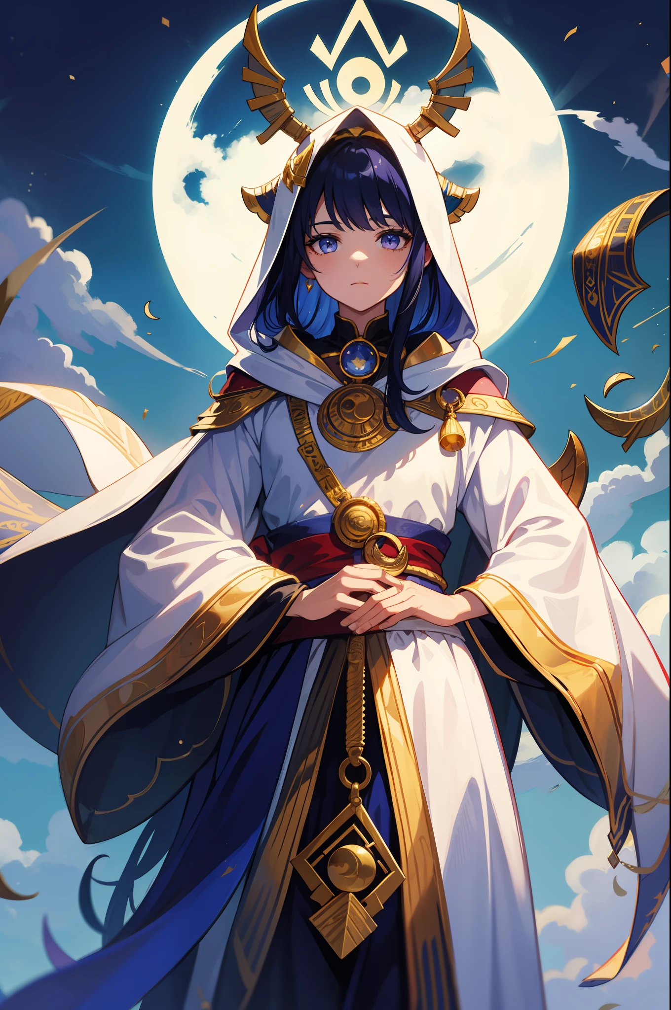 god of moon,Orc symbaroum,mages,Rabbit head man,robe,The hood covers half of the face,Gold clothing,The robe has a crescent moon texture,mistic,priest,Egyptian mythology
