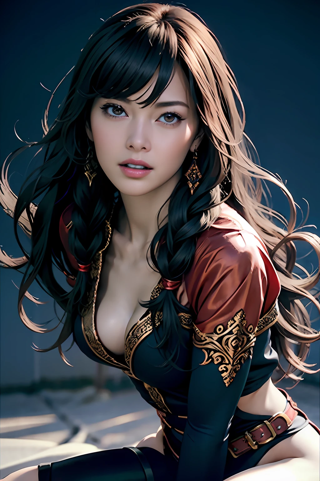 Ultra-detailed complex 3D rendering of face, (Colossal: 8.8), (masterpiece, top quality, octane rendering, 8K), glamour shot full body image, very beautiful young elf, cleavage, (very detailed skin: 1.2), (exposure: 1.1), brown-haired, ((wearing a plummeted open shirt of white silk: 1.10)), beautiful Caucasian woman with black skin with full soft breasts with big buttocks, Single, long braided hair, big breasts, dynamic angle, mystical expression, ultra-realistic photo, (((portrait)))), bare feet, futuristic urban background, facial muscles, detailed and beautiful queen gold crown, in the style of Marvel Comics, ArtStation trends, clear focus, studio photography, intricate details, very detailed, detailed red eyes, very detailed, Sharp Focus, Digital Rendering, Professional, Abs, Dark Grey Background,