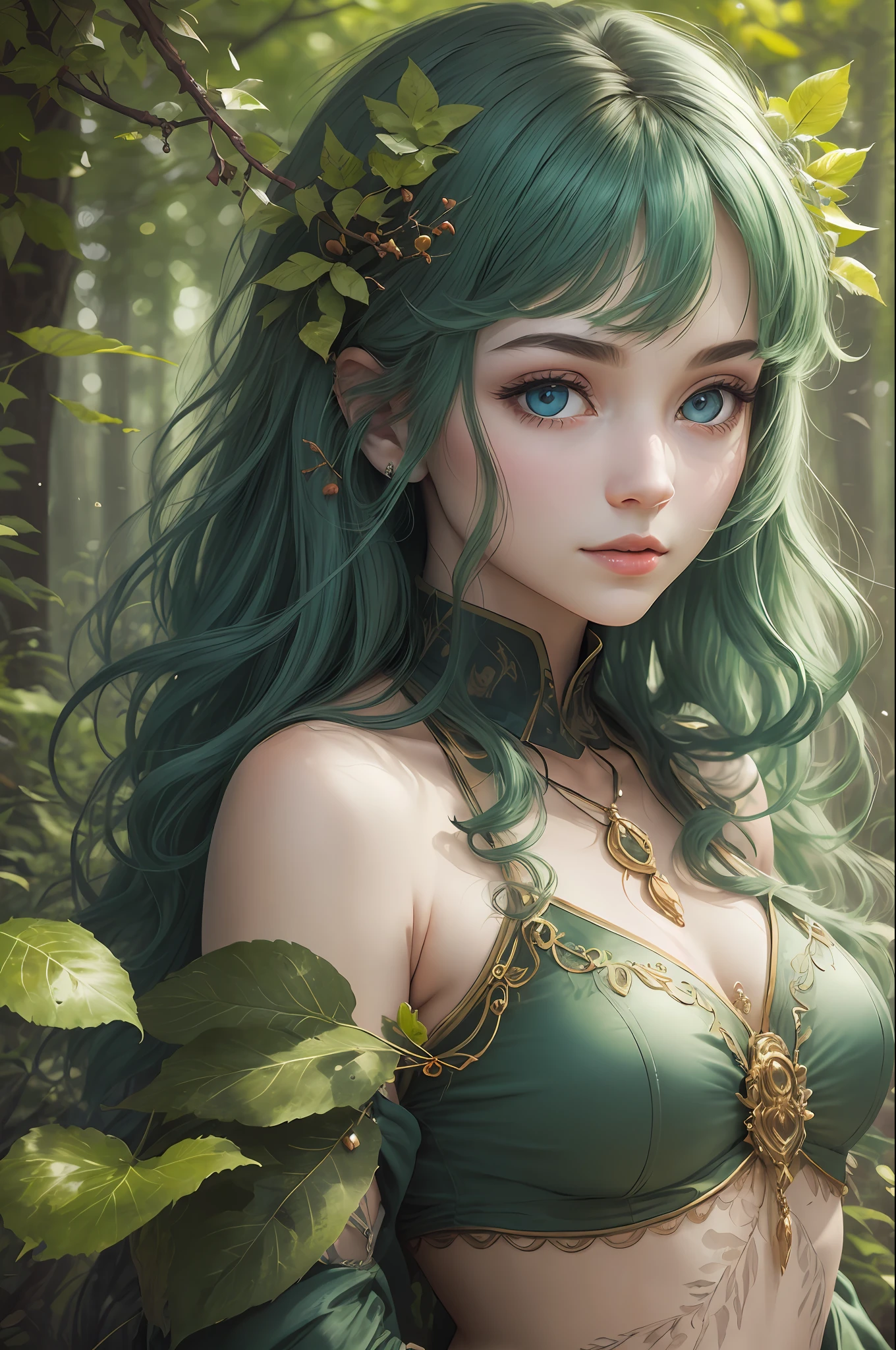 A very perfect-faced forest goddess with dark green hair and pretty medium light blue eyes is coming out of the forest walking the leaves flying around her , , shiny texture, soft, atmospheric, detailed --auto --s2