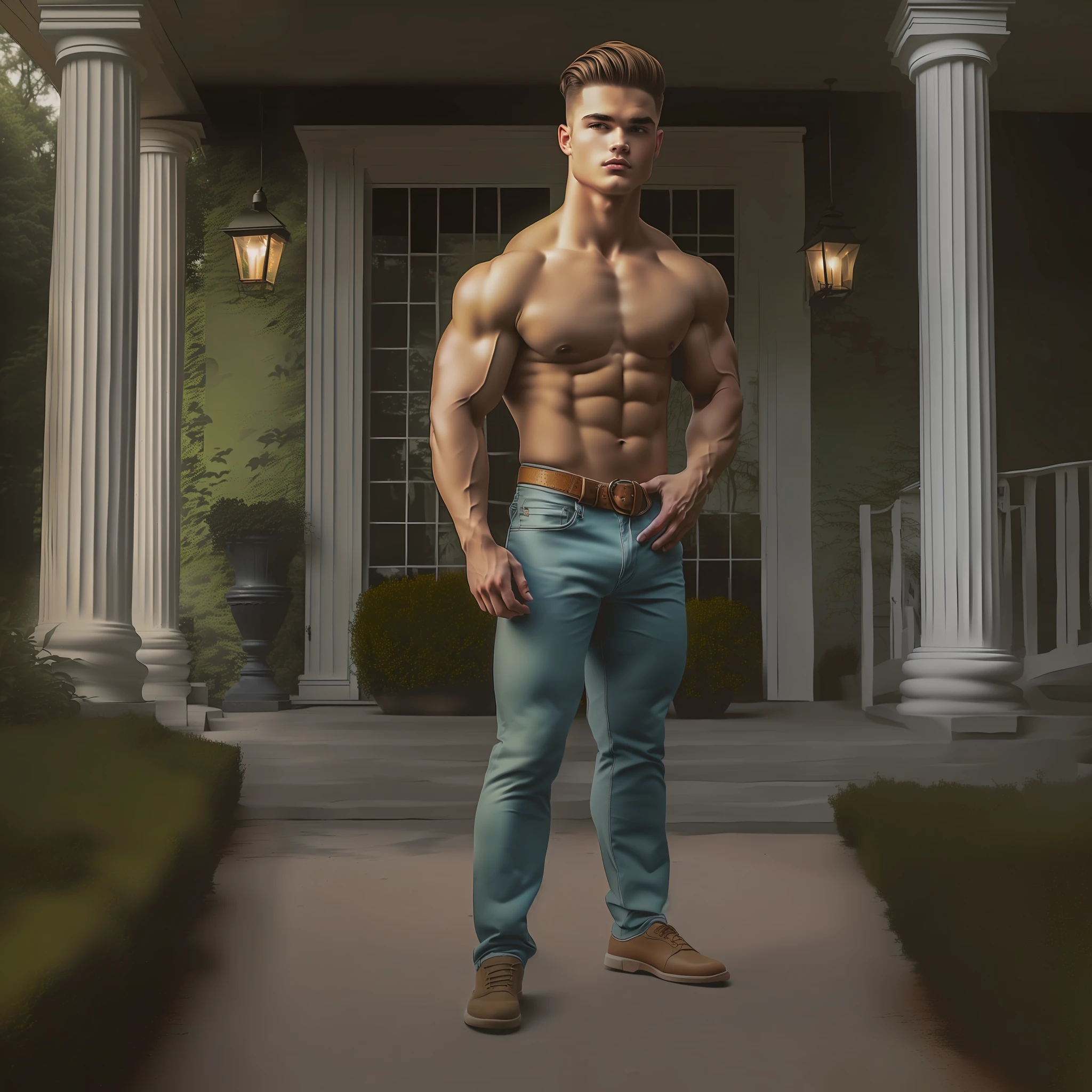 full body shot,(35mmstyle:1.1),analog style,masterpiece,raw, A 21-year-old fuckboy physique model, embodying the perfect fusion of Spencer Boldman and Regan Grimes, provocative displaying his swoll pec cleavage, tittie teasing, well crafted stylish bodybuilding attire. Enhanced with HDR technology, this image depicts a true masterpiece, 4K resolution, outdoor lighting, light reflections, screengrab, artistic photography, instagram, midcentury modern vibes, Massurrealism