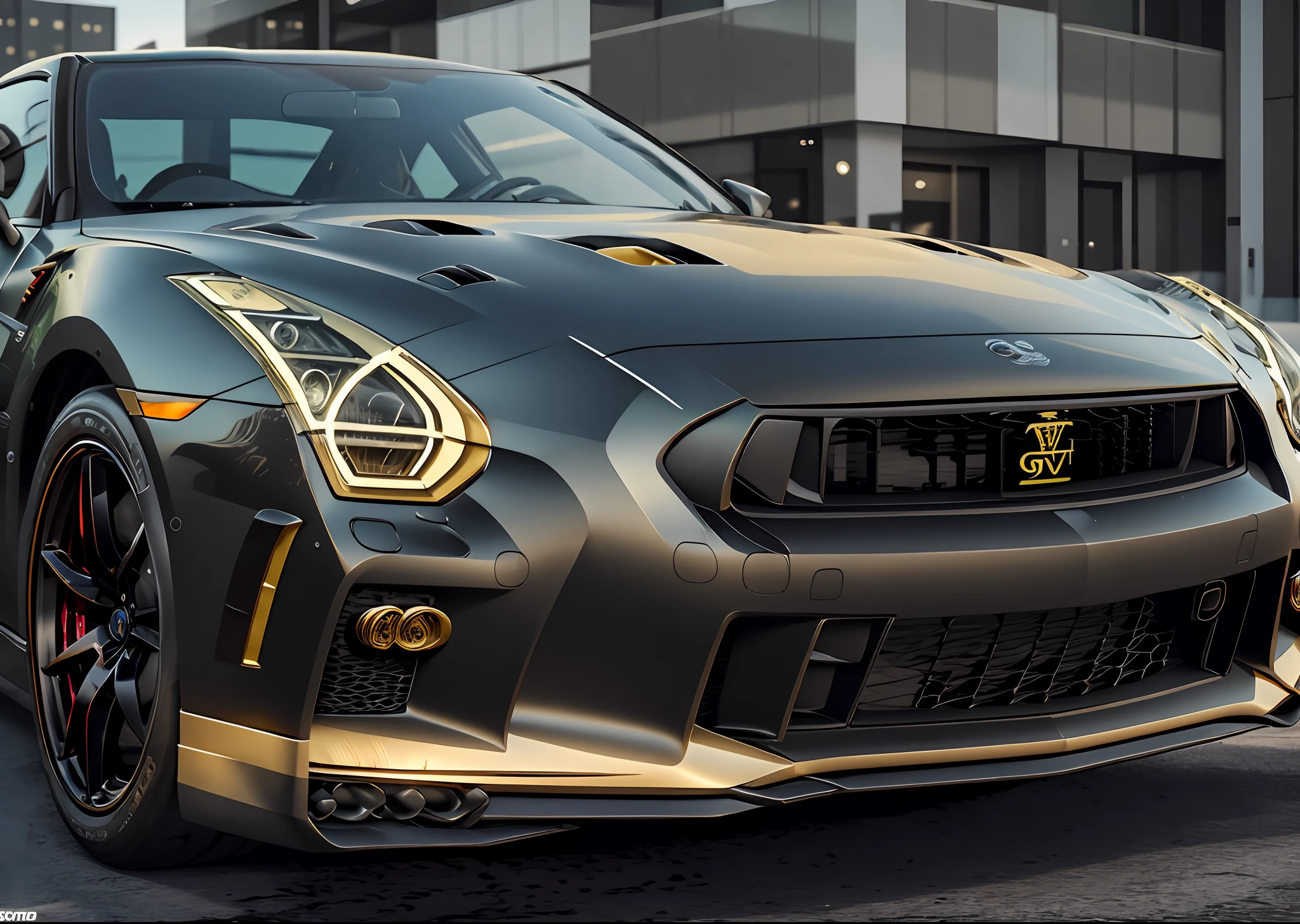 cool gtr black color with yellow decorations, cool, modern luxury, in city, ultra realistic, details, 4k, --auto --s2