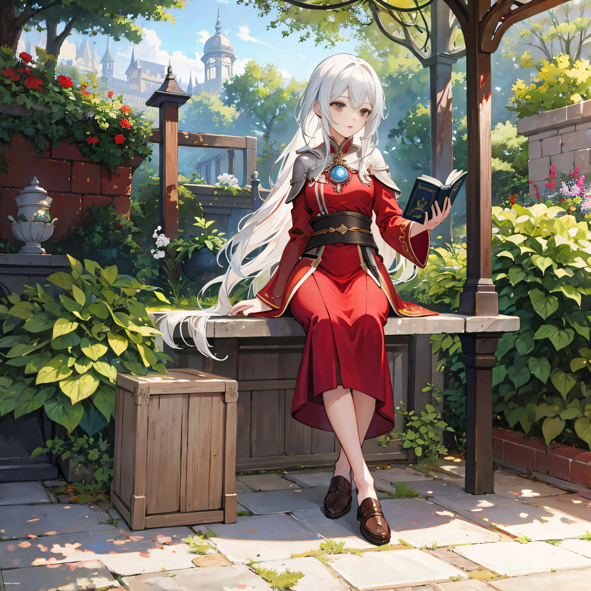 (masterpiece, top quality, best quality), 1girl,1female,1solo, full body, 1female long silver white hair sitting on a bench in a garden holding a magic book, cushart krenz key art feminine, alchemist girl, isekai, wlop and sakimichan, 2. 5 d cgi anime fantasy artwork, r /art, r / art, r/art, roleplaying game art, light red and dark yellow robes, genshin, rpg maker