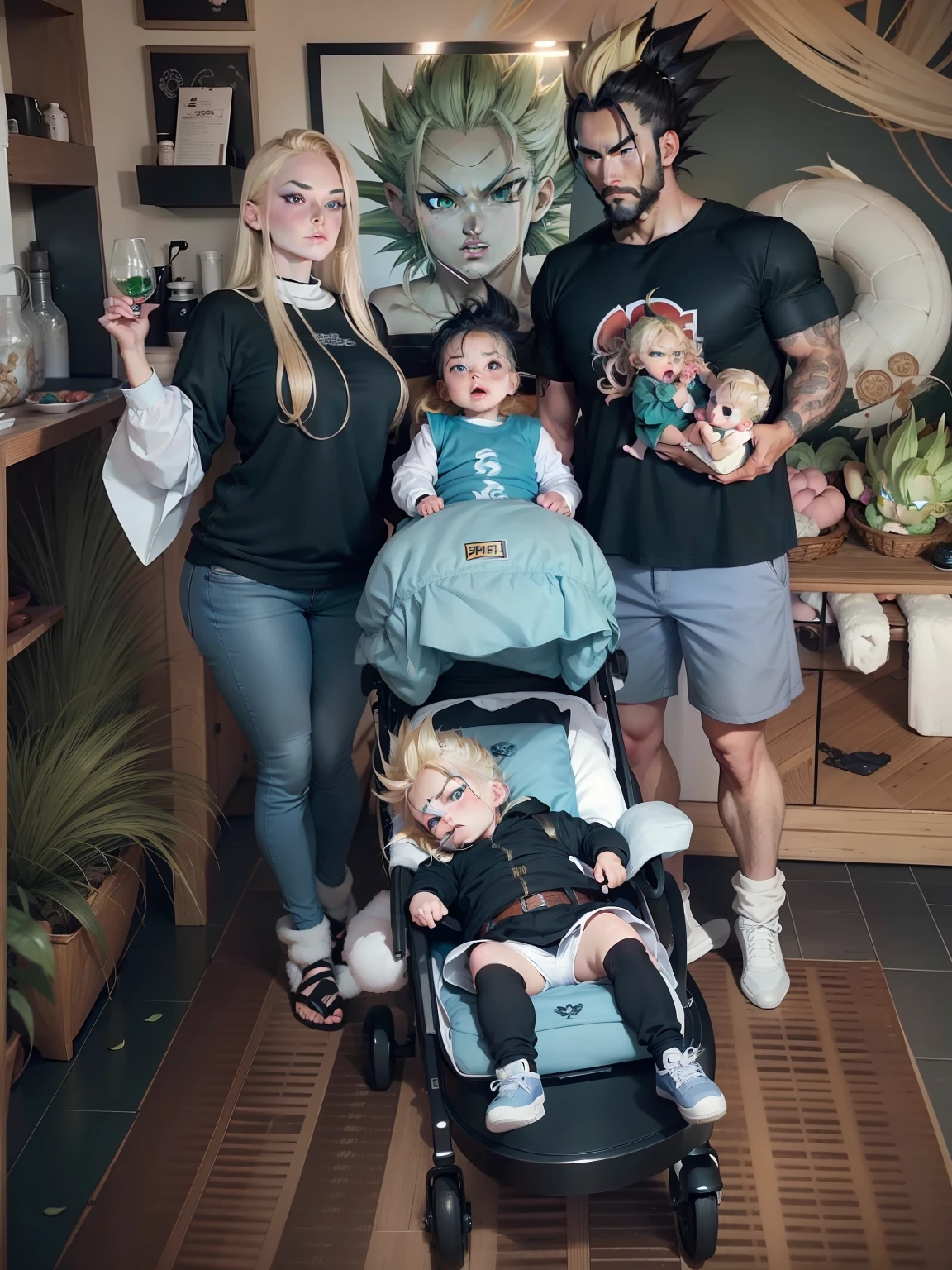 Dragon ball, super saiyajin style, blonde hair girl on the left with green eyes, black hair girl on middle with green eyes, baby with blonde hair with blue eyes in the baby cart, the father with black hair with green eyes on the right put beard, change the background to a dragon ball style scenario.