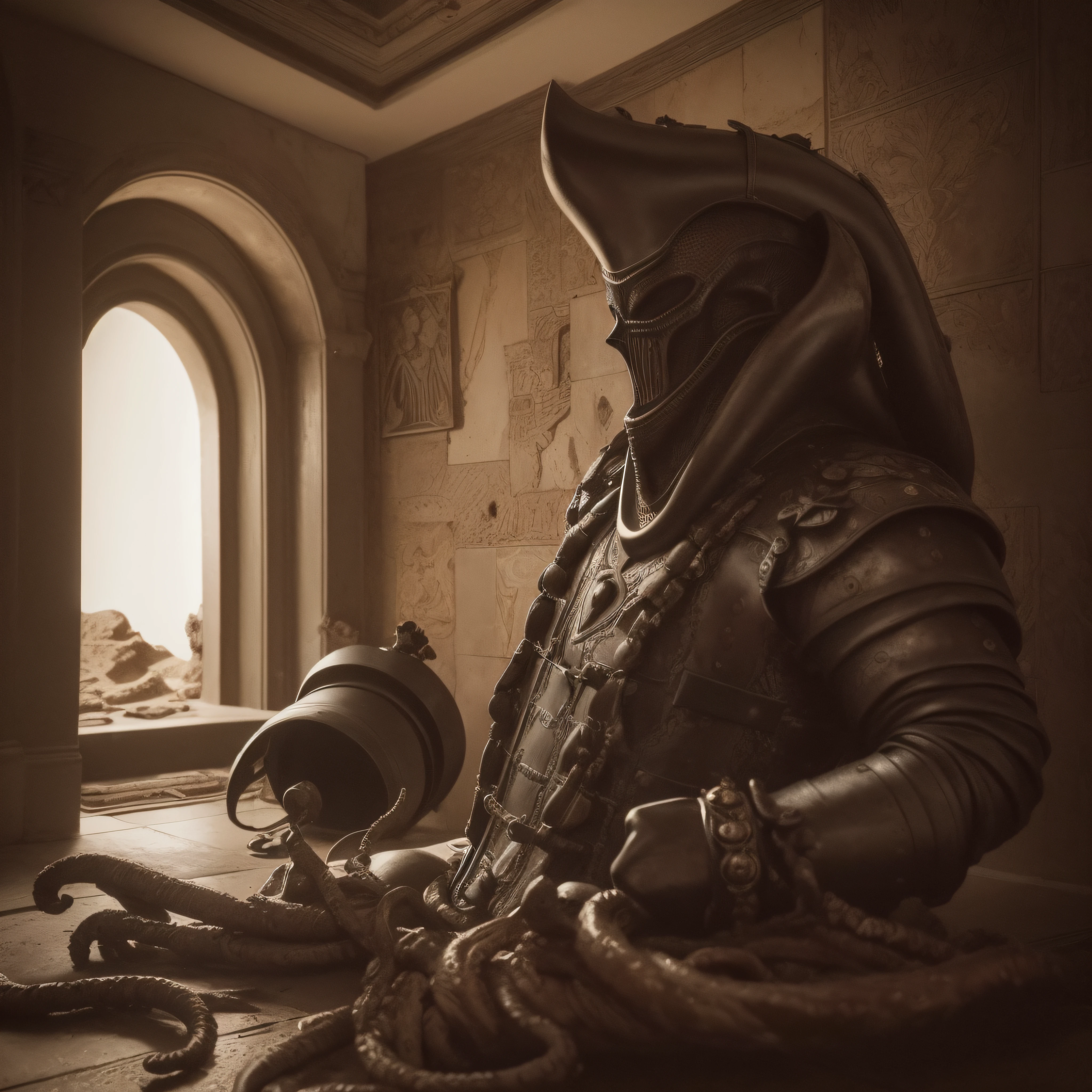(extremadamente detallado, obra maestra, La mejor calidad), Estilo oscuro, intense illumination, rostro con arrugas, soldier, medieval armor, rusted, axe, tentacle, monstruoso, interior de una piscina de agua verdosa, imagen submarina, alien con Colmillos finos. manchas de tinta. Rococo composition. Luz de caravaggio