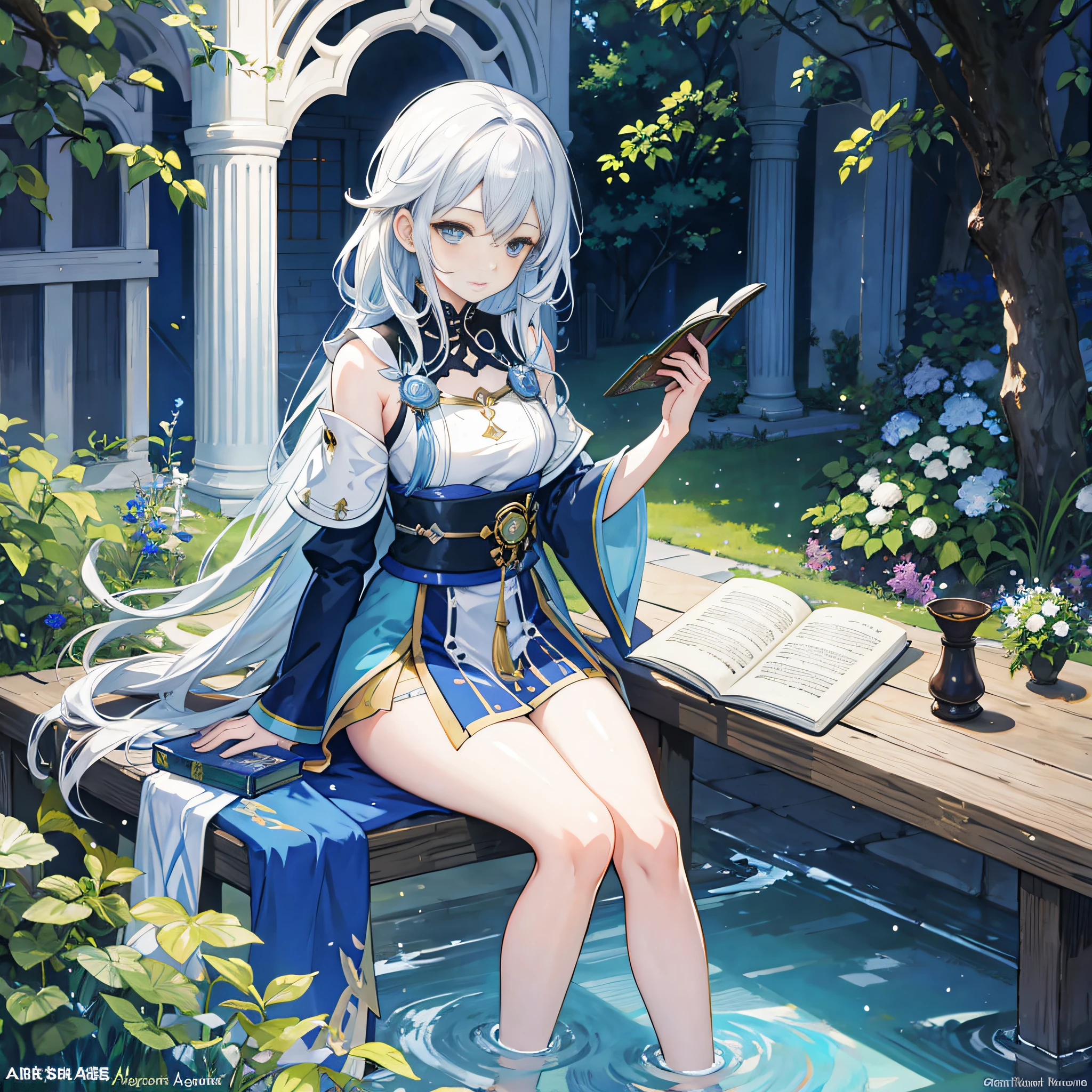 (masterpiece, top quality, best quality), 1girl, 1female, 1solo, full body, 1female long silver white hair sitting on a bench in a garden holding a magic book, cushart krenz key art feminine, alchemist girl, isekai, wlop and sakimichan, 2. 5 d cgi anime fantasy artwork, r /art, r / art, r/art, roleplaying game art, light blue and dark yellow robes, genshin, rpg maker