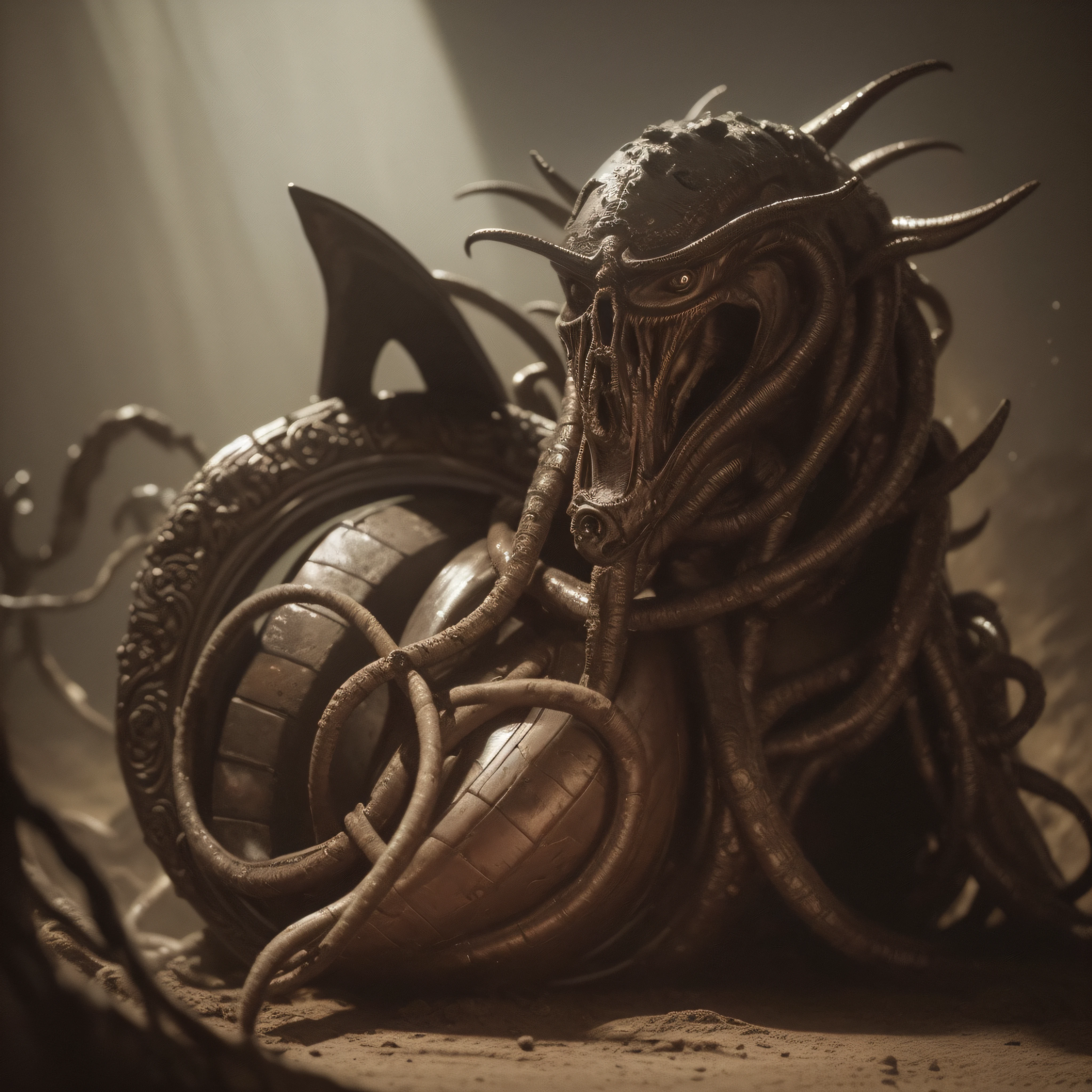 (extremadamente detallado, obra maestra, La mejor calidad), Estilo oscuro, intense illumination, rostro con arrugas, soldier, medieval armor, rusted, axe, tentacle, monstruoso, interior de una piscina de agua verdosa, imagen submarina, alien con Colmillos finos. manchas de tinta. Rococo composition. Luz de caravaggio