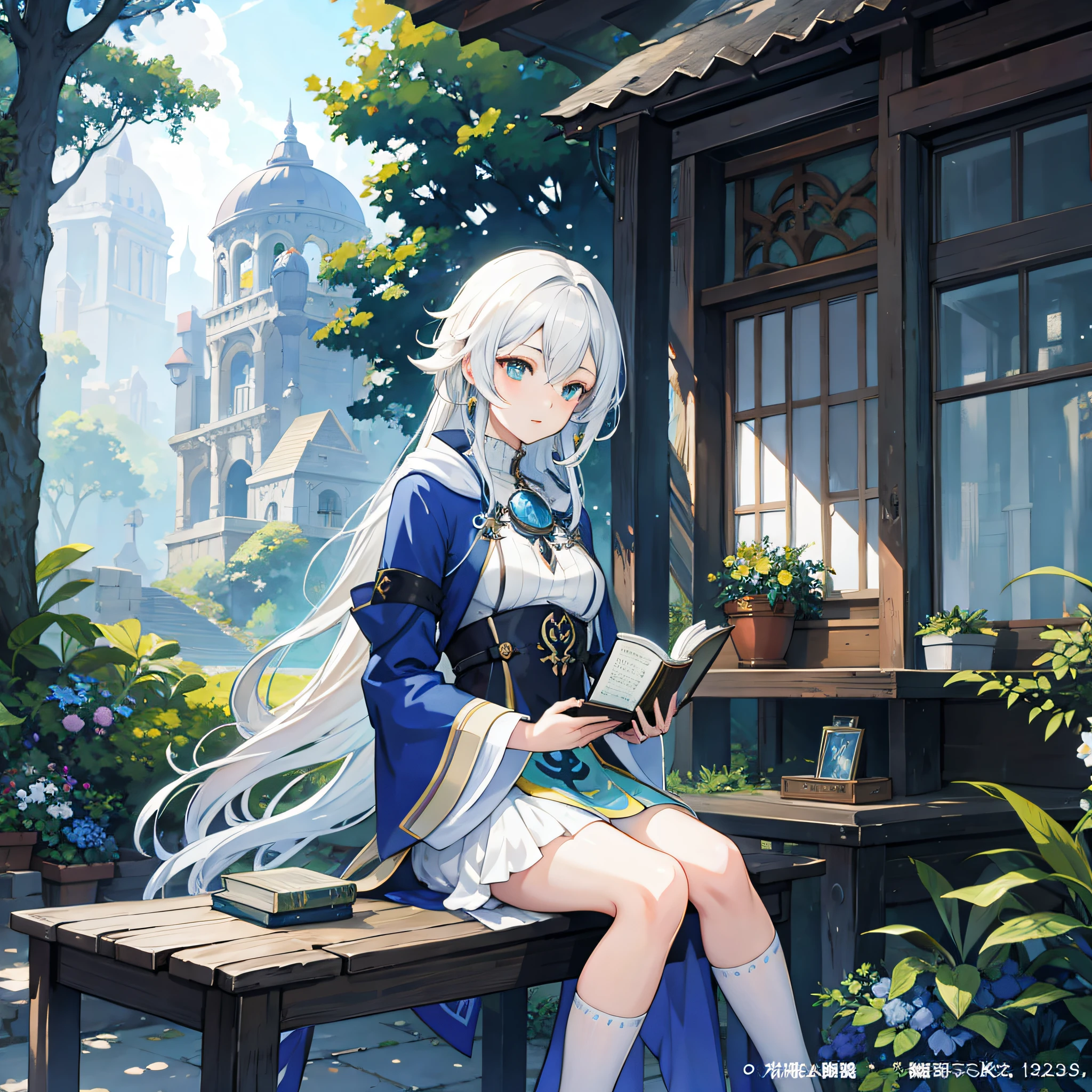 (masterpiece, top quality, best quality), 1girl, 1female, 1solo, full body, 1female long silver white hair sitting on a bench in a garden holding a magic book, cushart krenz key art feminine, alchemist girl, isekai, wlop and sakimichan, 2. 5 d cgi anime fantasy artwork, r /art, r / art, r/art, roleplaying game art, light blue and dark yellow robes, genshin, rpg maker