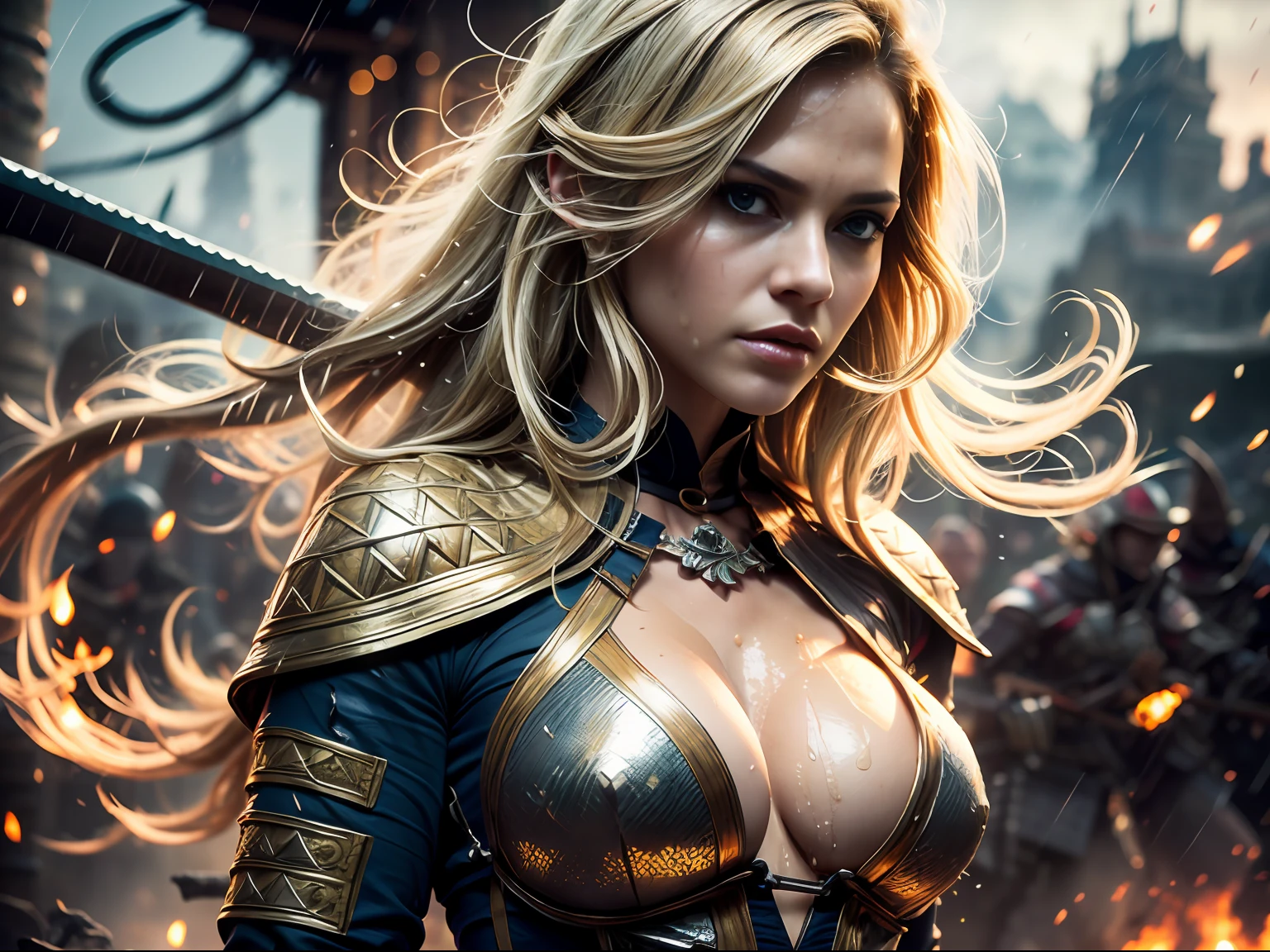 realistic, detailed, realistic details, intricate detail, cgi, masterpiece, best illustration, break, 1girl, slender, tanned skin, blonde hair, small breast, cleavage, ((wet, sweating)), long hair, black hair, petite, female swordsman, urban samurai, breast plate, ((intricate pattern)), ((torn clothes)), blood, injury, princess, tiara, detailed skin complexion, seductive face, ((riding a horse)), looking at viewer, break, (((detailed background, dark fantasy, raining, medieval battlefield, armies clashing, chaotic, fire, dark, dust, particle effect, , projectile, volumetric fog))), break, cowboy shot, perspective, rule of third, depth and dimension, depth of field, proportion, light and shadow contrast, break,