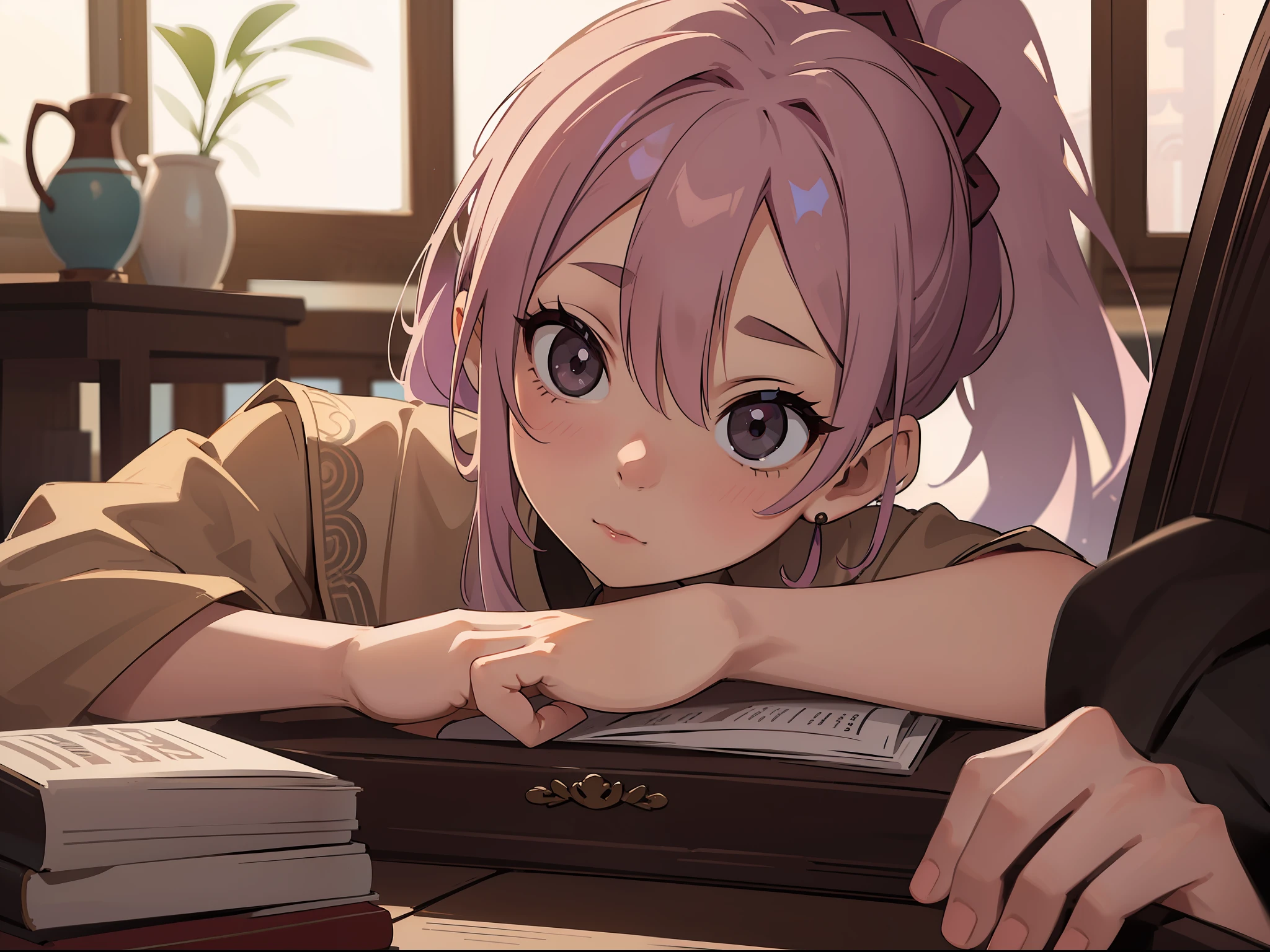 1girl, solo, high-res, closeup headshot, POV, lilac hair in a ponytail, wearing a beige Chinese tang with burgundy accents, set in a Middle Eastern library, eyes looking at viewer, daydreaming, detailed black eyes