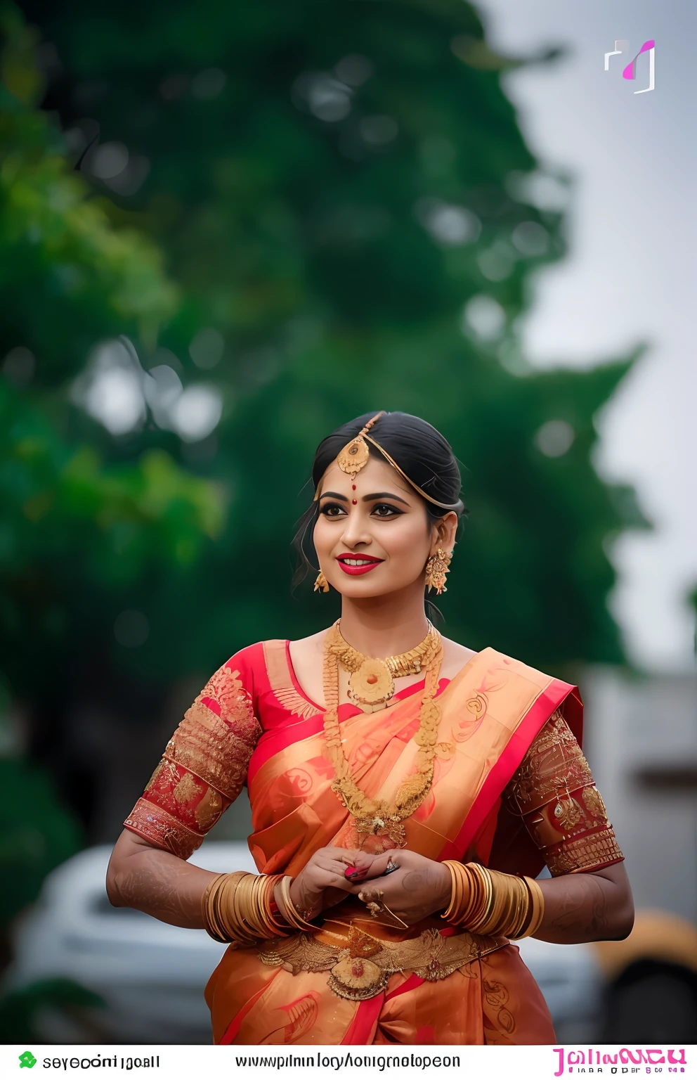 a woman in a red and yellow sari poses for a picture, traditional beauty, traditional, traditional female hairstyles, very beautiful enga style, traditional makeup, with lovely look, indian, indian style, dressed in a sari, wearing sari, adorned with precious stones, colorful with red hues, wearing a sari, gorgeous woman, dramatic smile pose intricate, traditional art, wearing elegant jewellery