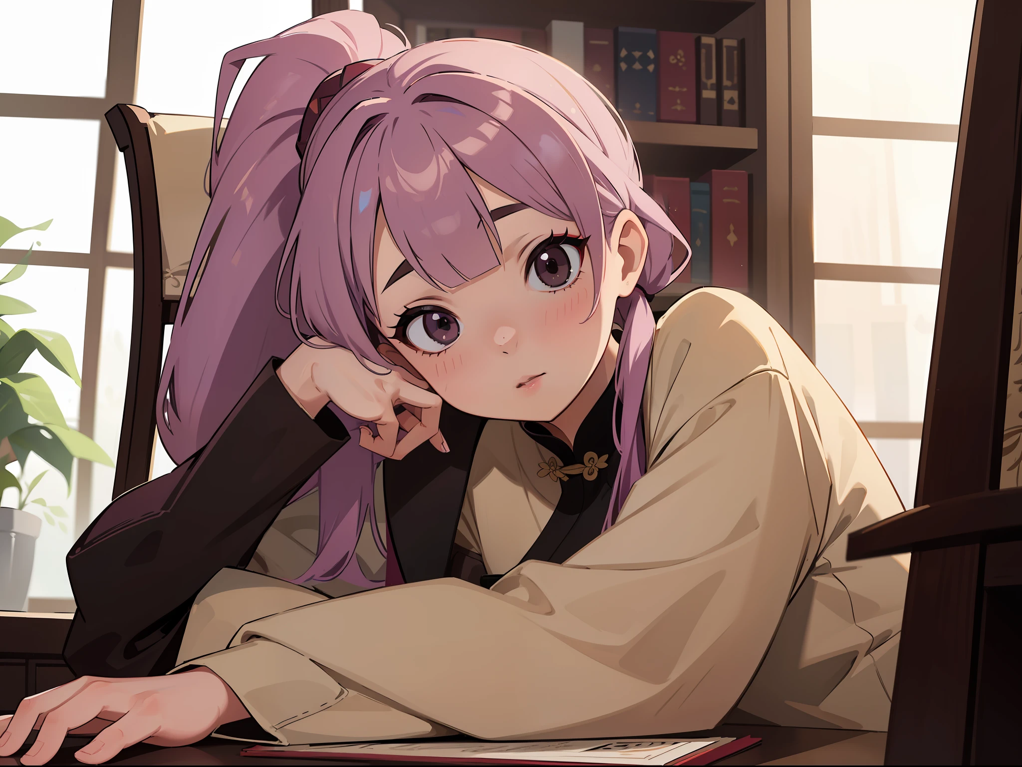 1girl, solo, high-res, closeup headshot, POV, lilac hair in a ponytail, wearing a beige Chinese tang suit with burgundy accents, detailed black eyes, set in a Middle Eastern library, eyes looking at viewer, thinking