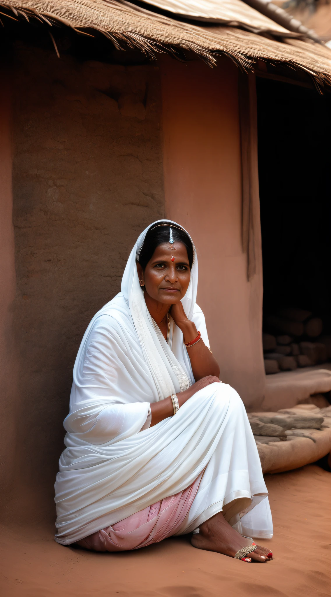 (masterpiece, high resolution, photo-realistic:1.3), Indian widow, (plain white sari:1.2), bare feet, (sindoor smeared forehead:1.1), background of a simple village hut, clay oven, silent night, (glowing moon:1.1), expressing loss and resilience, cool colors, diagonal shot, introspective.