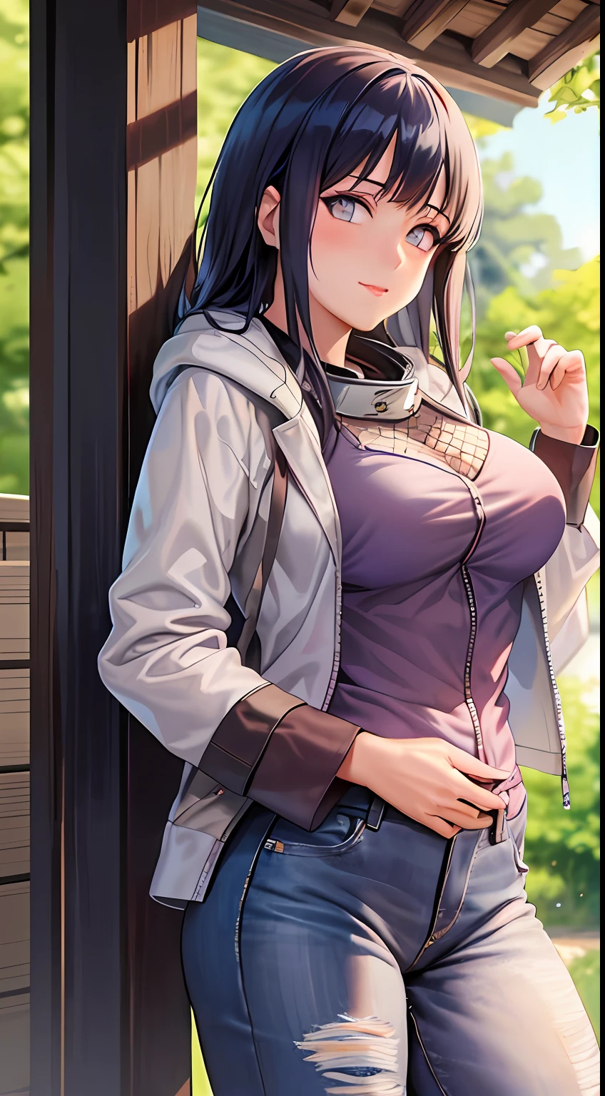 Masterpiece, highres, high Quality, detailed face, detailed body render, 1girl, solo, hyuuga hinata, hinata-sleeveless-outfit, medium breasts, , sleeveless shirt, fishnet top, dark lips, jacket, standing, blushes,outside,jeans, hoodie
