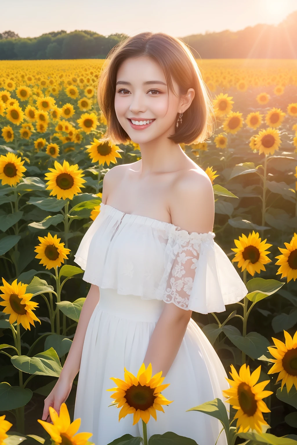 Best quality, masterpiece, ultra high res, (photorealistic:1.4), raw photo, 1girl, white dress, off shoulder, blossom sunflower flower field, glowing skin, light smile