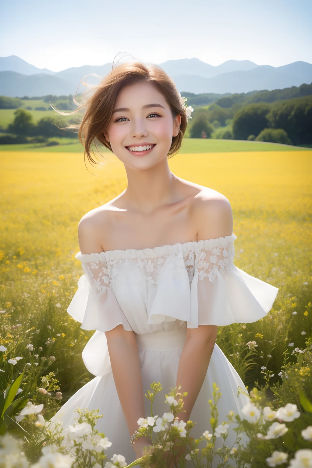 Best quality, masterpiece, ultra high res, (photorealistic:1.4), raw photo, 1girl, white dress, off shoulder, blossom 向日葵 flower field, glowing skin, light smile
